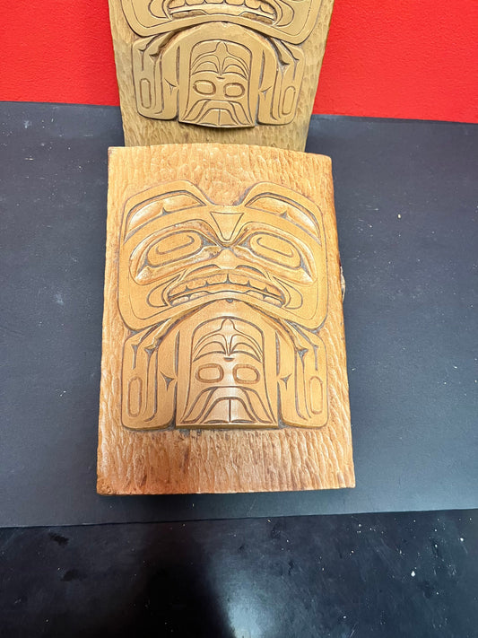 Lovely 9 by 7.5 by .5 inch cedar Indigenous first nations, Alaskan signed transformation  plaque - two available - need hanger