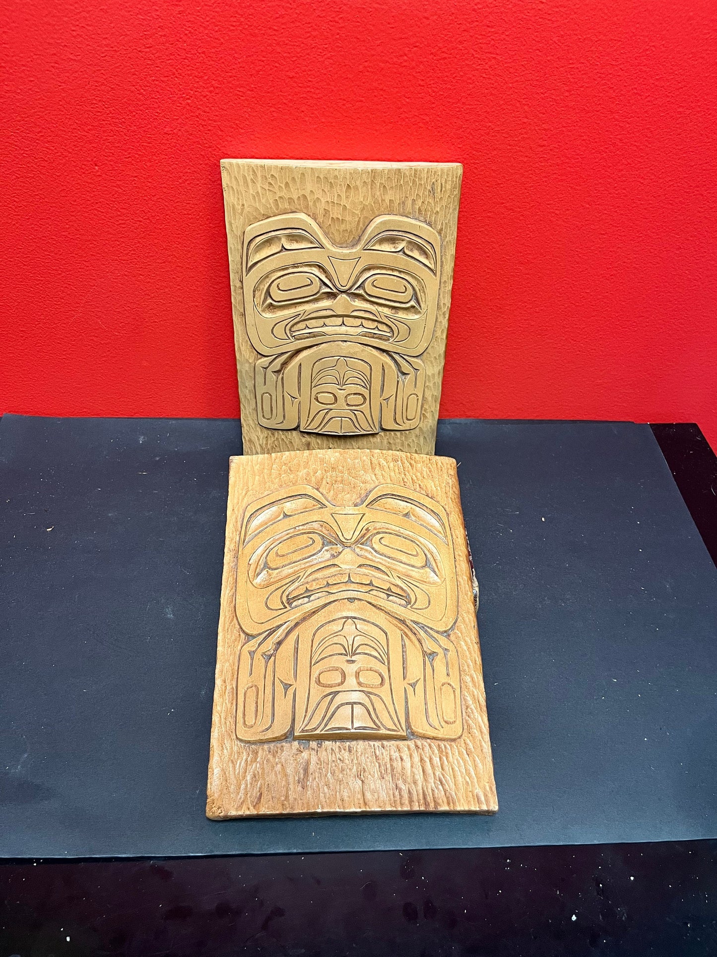 Lovely 9 by 7.5 by .5 inch cedar Indigenous first nations, Alaskan signed transformation  plaque - two available - need hanger