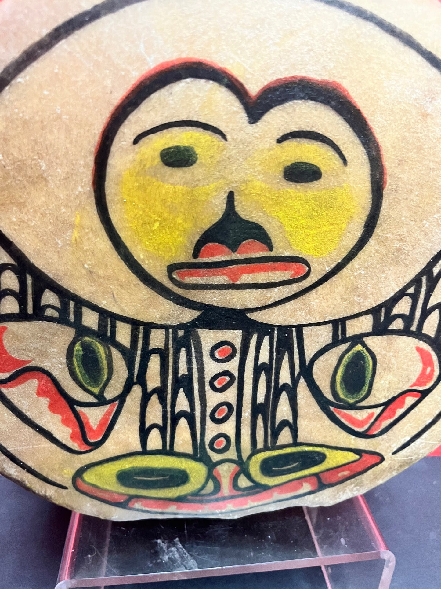 Stunning 10 by 5 inch deep museum quality indigenous first Nations Pacific Northwest coast antique drum with great sound wow