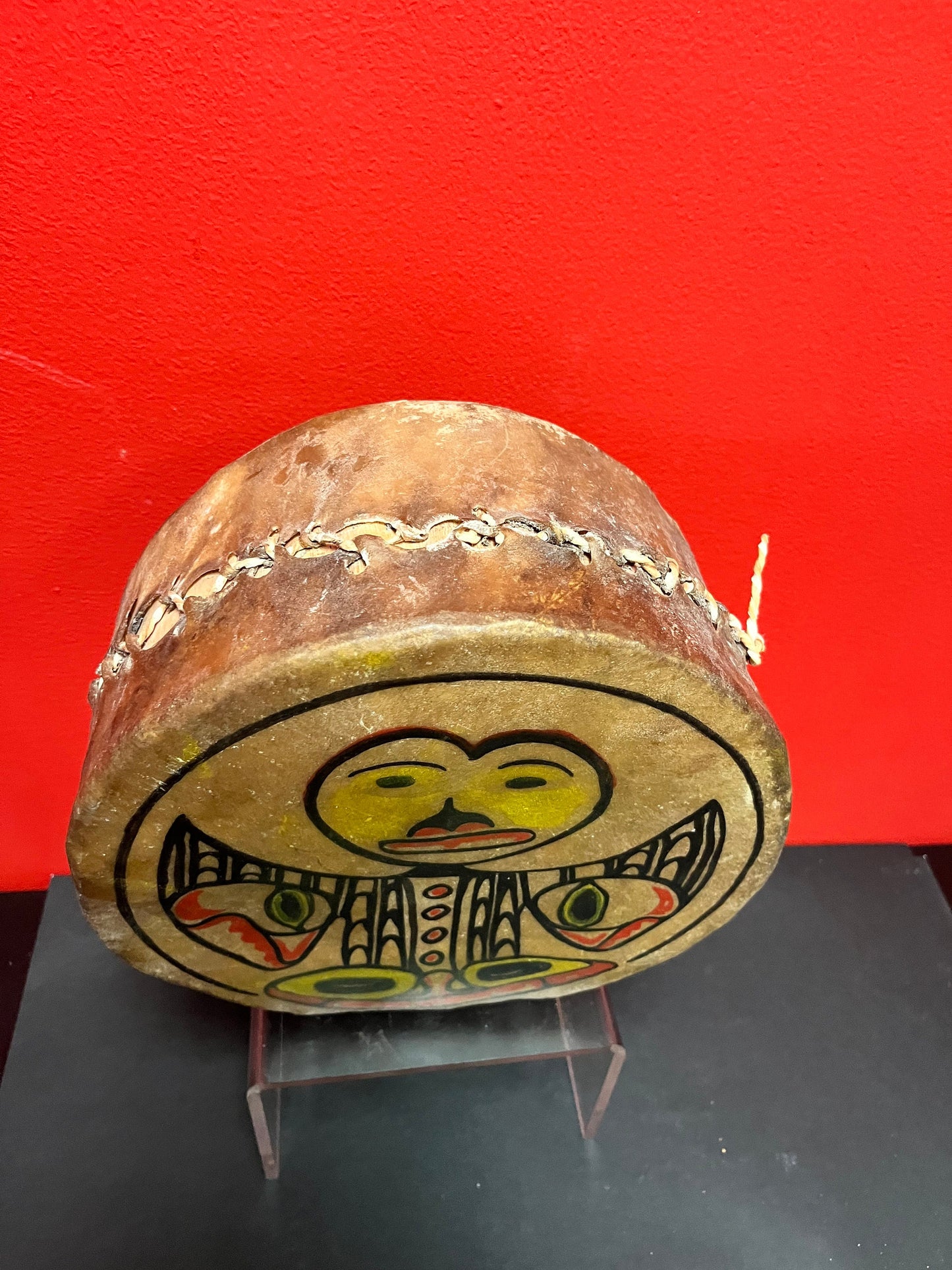 Stunning 10 by 5 inch deep museum quality indigenous first Nations Pacific Northwest coast antique drum with great sound wow