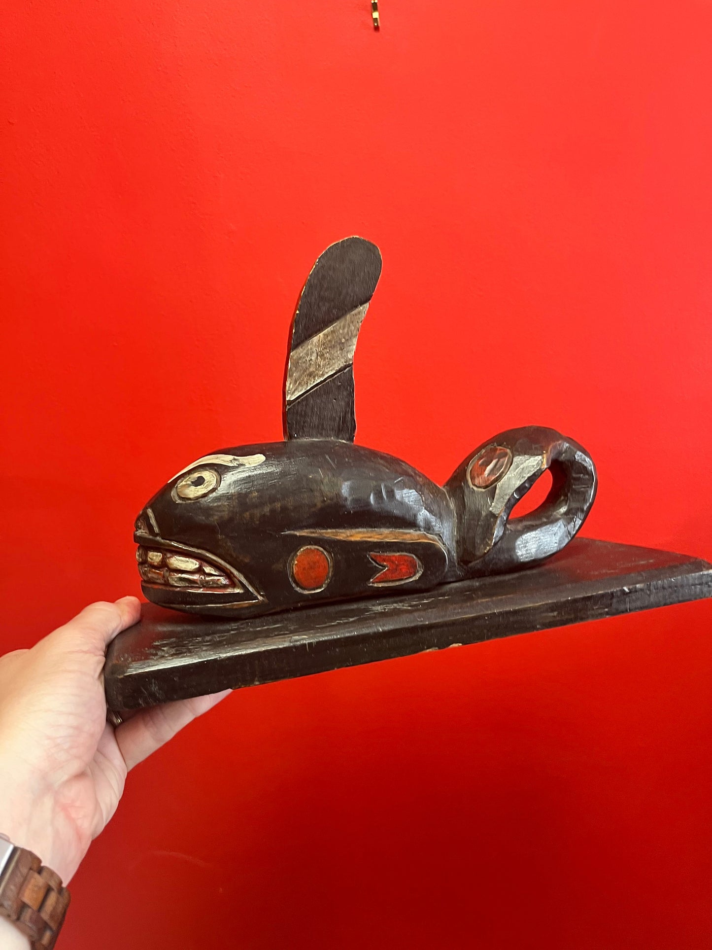 12 x 5 x 10 high indigenous, first nations Haida cedar, painted polychrome killer whale on stand attributed to Amber Johnson wow