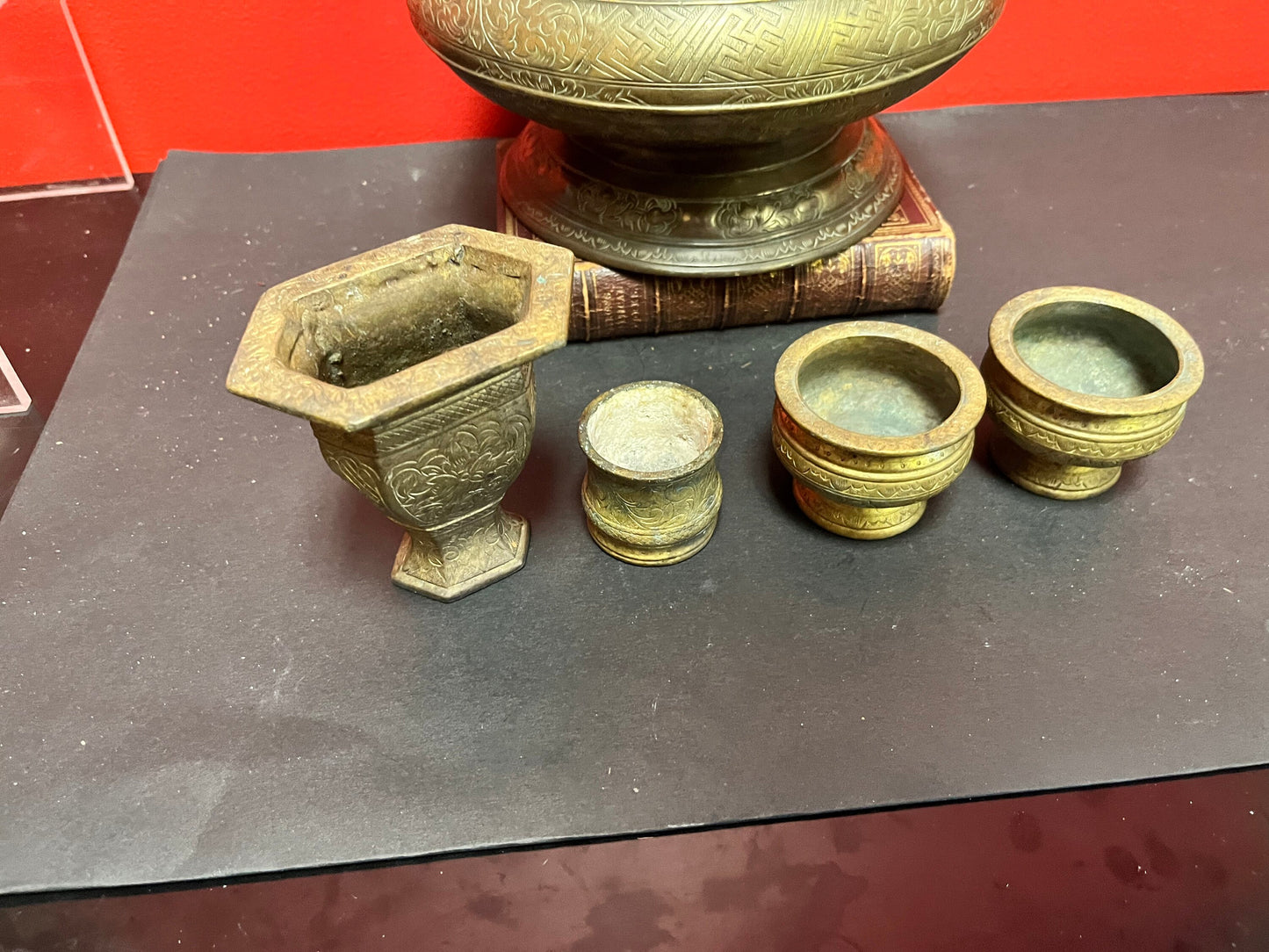 Fabulous 7 x 5 tall bronze heavily engraved middle eastern bezel nut container with accessories wow