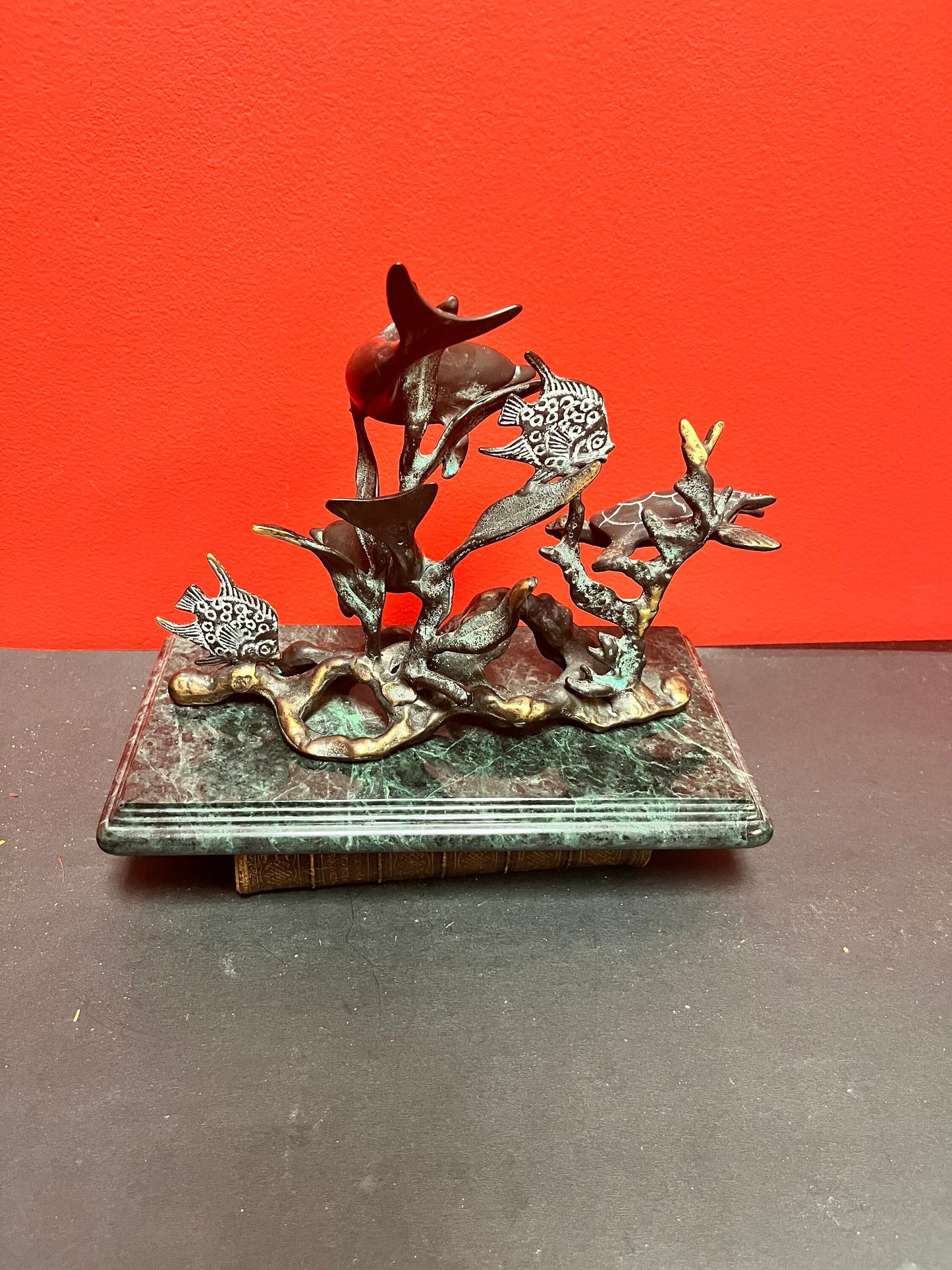 10 x5 x 8 inches high bronze American Aquarian scene on marble  wonderful quality  nice patina