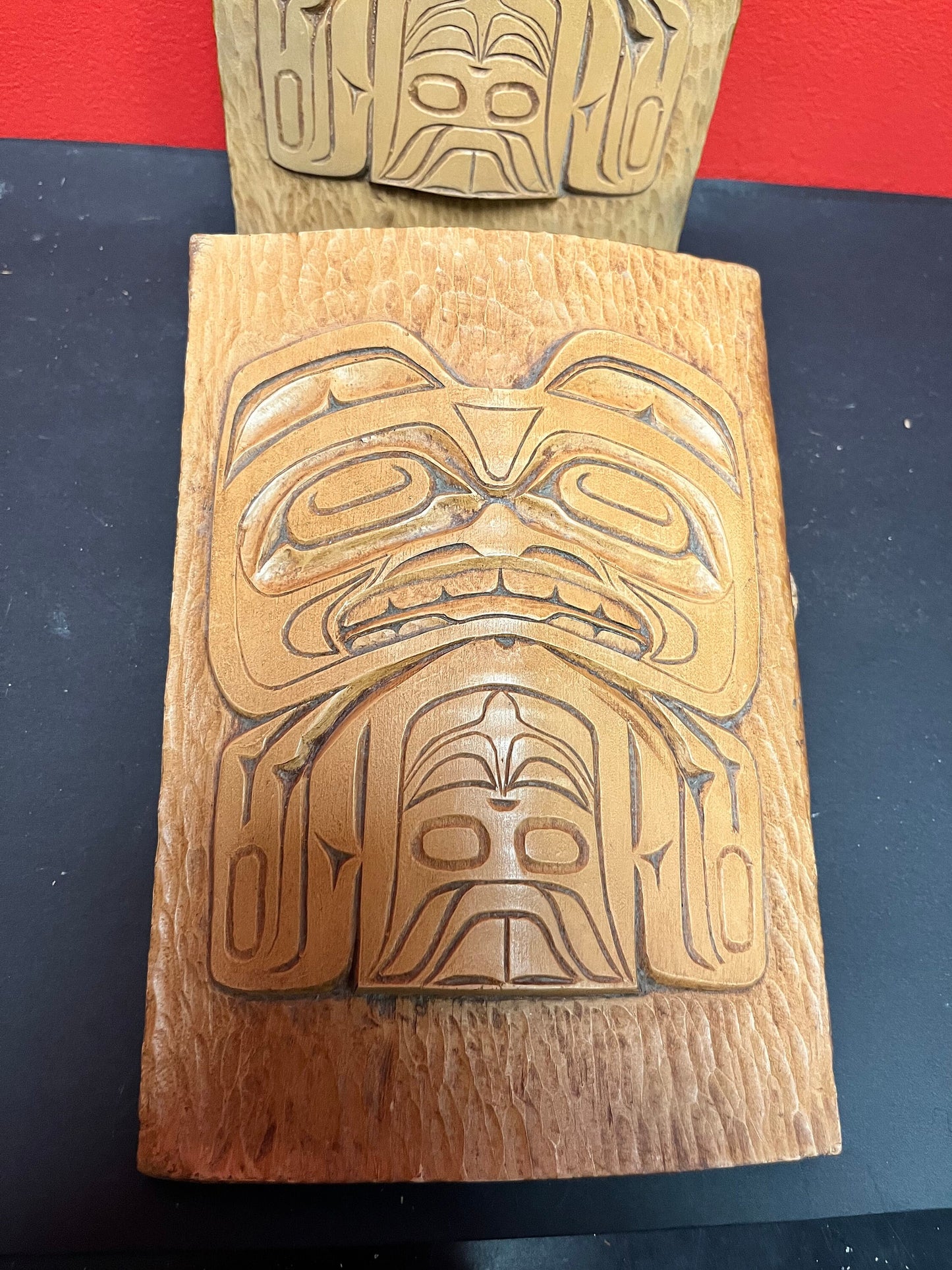 Lovely 9 by 7.5 by .5 inch cedar Indigenous first nations, Alaskan signed transformation  plaque - two available - need hanger