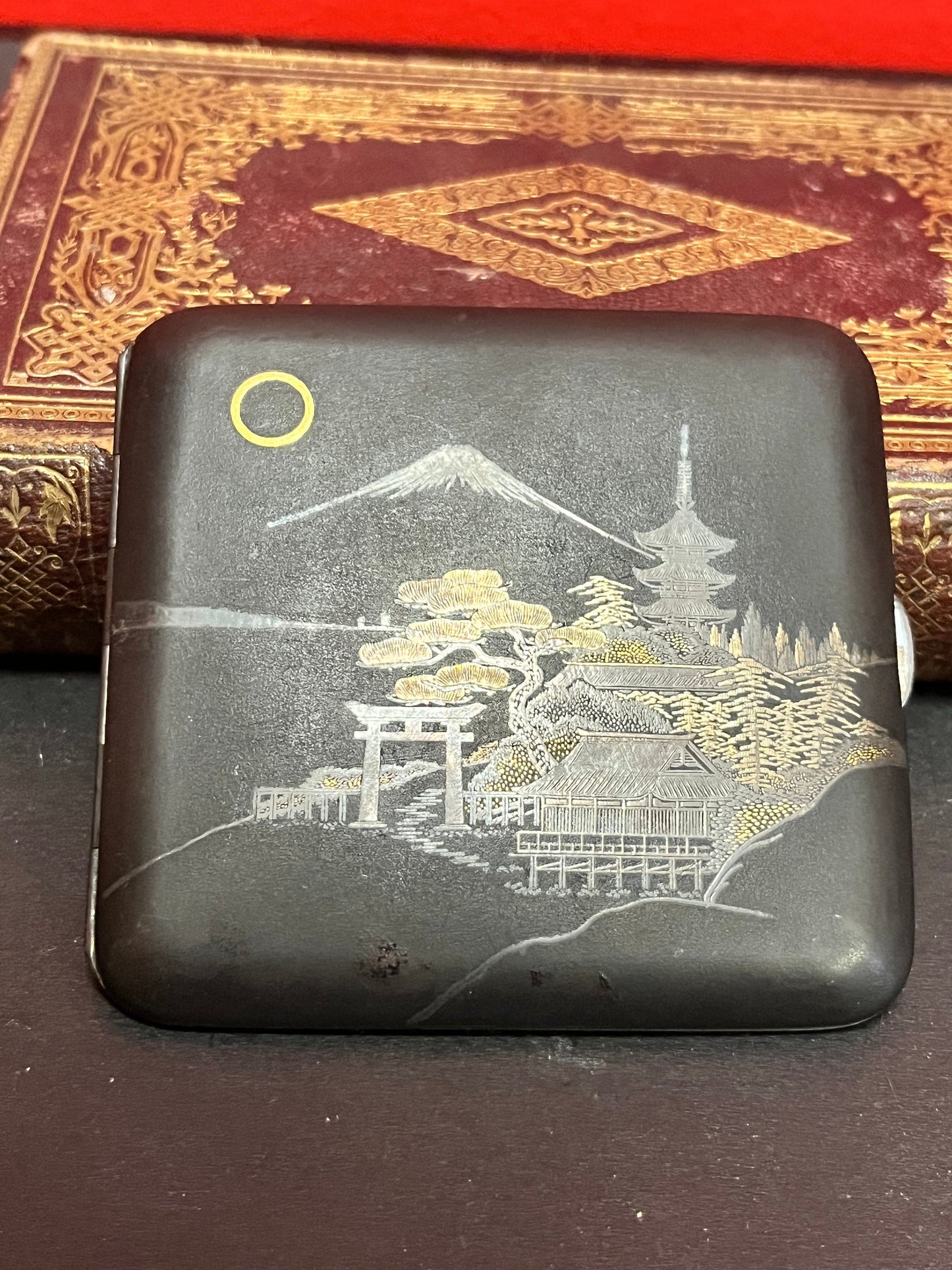 3.25 inch siam antique bronze cigarette case with gilt detail perfect gift