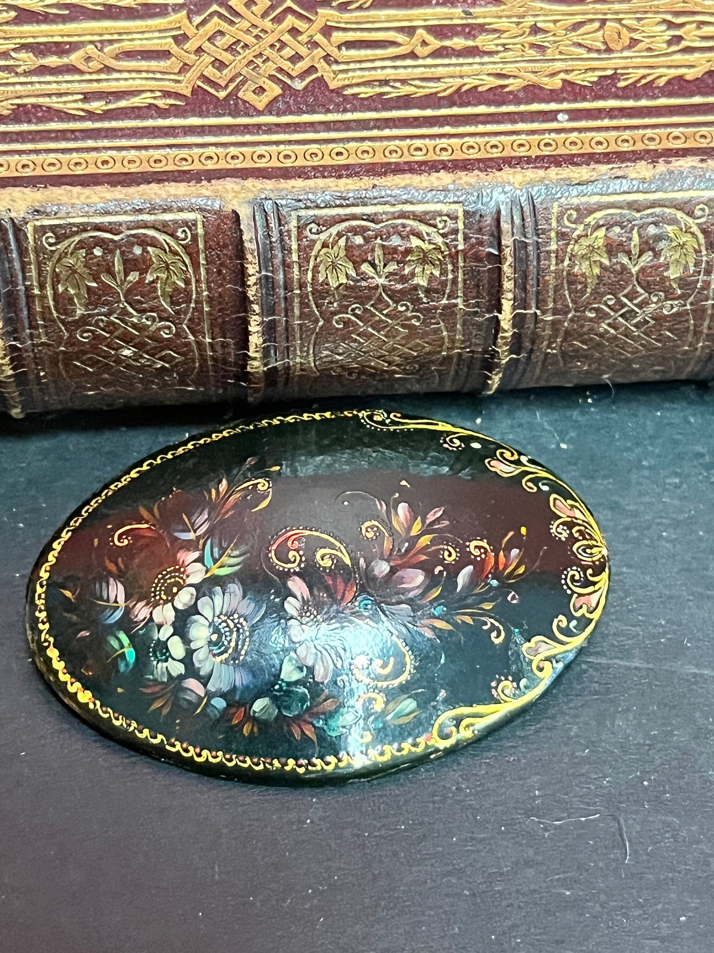 2 1/2 inch long, Victorian papier-mâché brooch stunning look