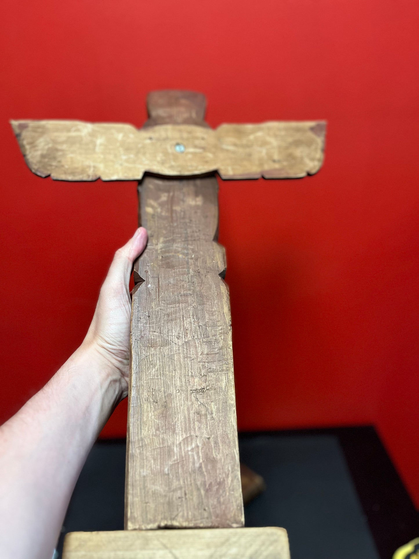 14 x 24 inches tall indigenous first nations pacific northwest coast signed Fred Baker JR cedar totem pole with abalone wow