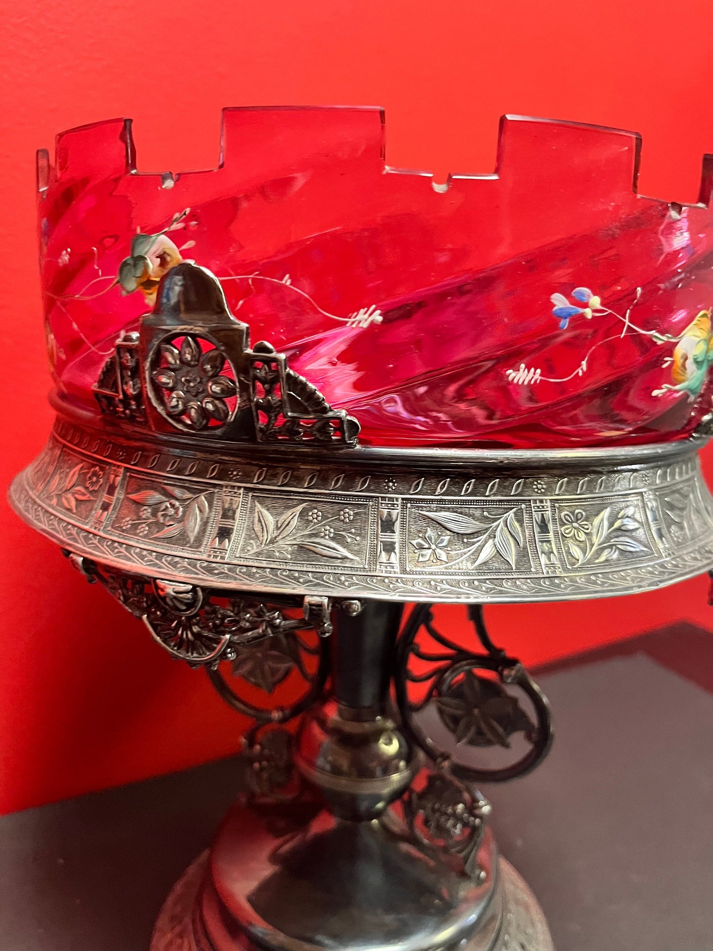 Stunning late 19 century cranberry glass and silver plate bridal basket on stand wonderful condition masterpiece