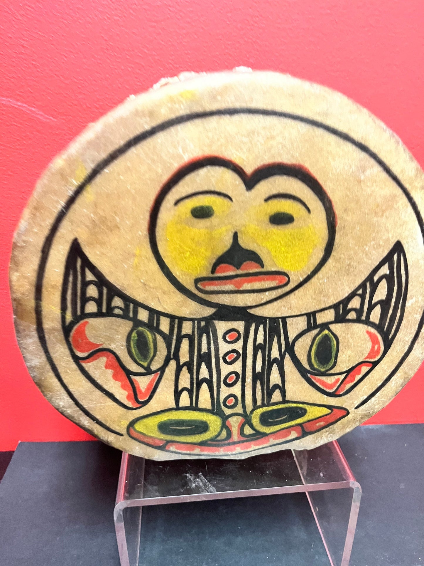 Stunning 10 by 5 inch deep museum quality indigenous first Nations Pacific Northwest coast antique drum with great sound wow