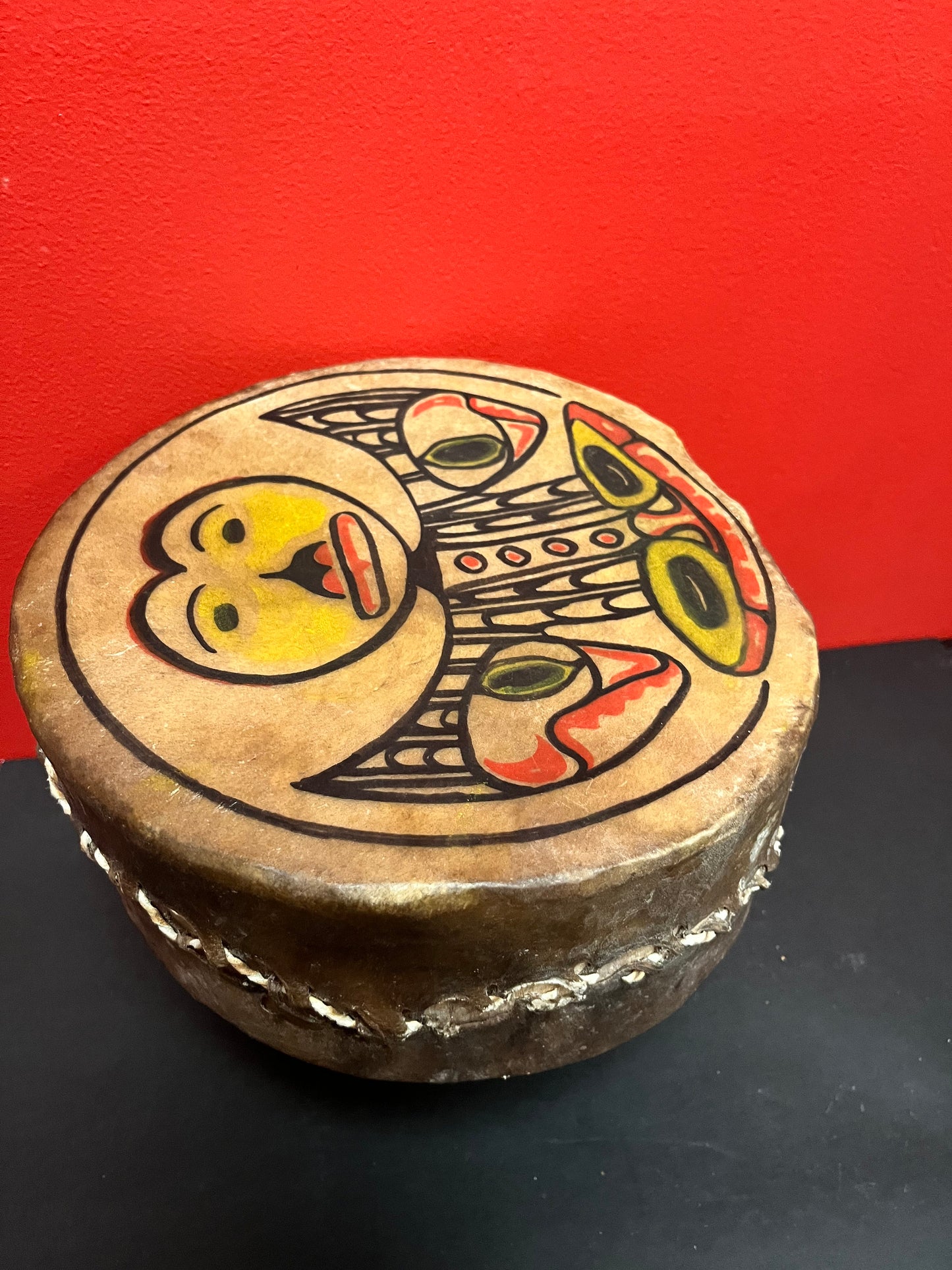 Stunning 10 by 5 inch deep museum quality indigenous first Nations Pacific Northwest coast antique drum with great sound wow