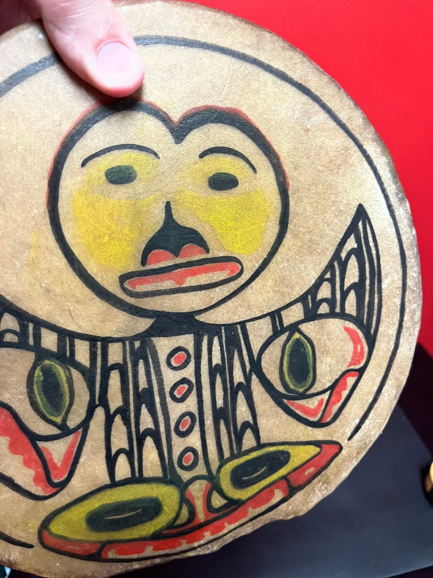 Stunning 10 by 5 inch deep museum quality indigenous first Nations Pacific Northwest coast antique drum with great sound wow