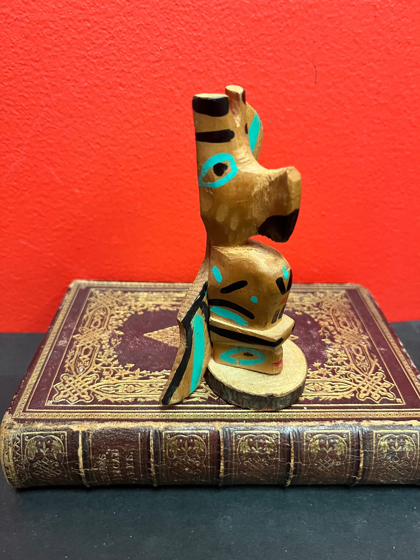 A 5 x 4 1/2 wide unusual 1950s indigenous, first nations Pacific Northwest polychrome totem pole - great colours