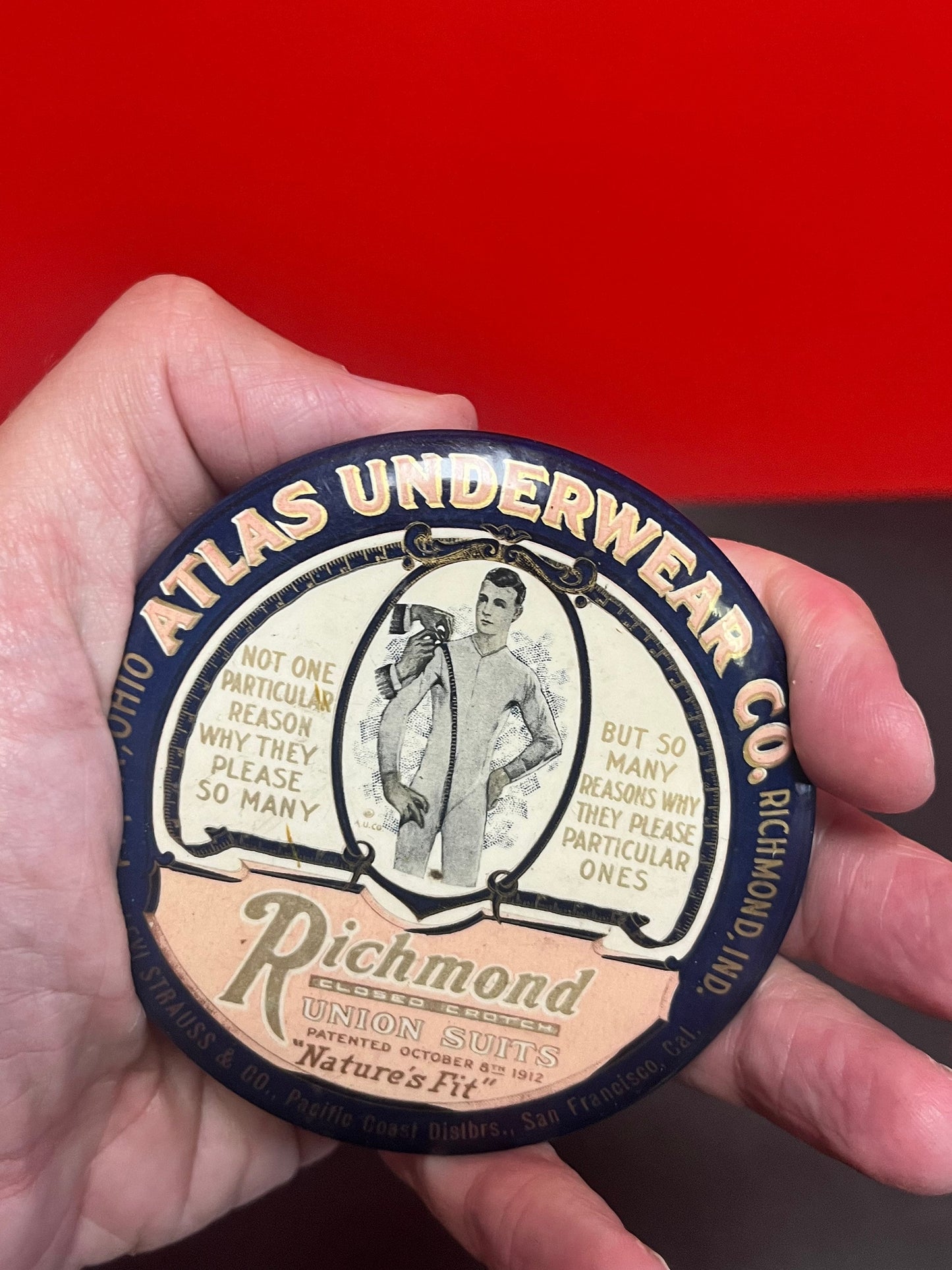 1912 atlas underwear company advertising mirror Fabulous condition and 3 1/2 inches long