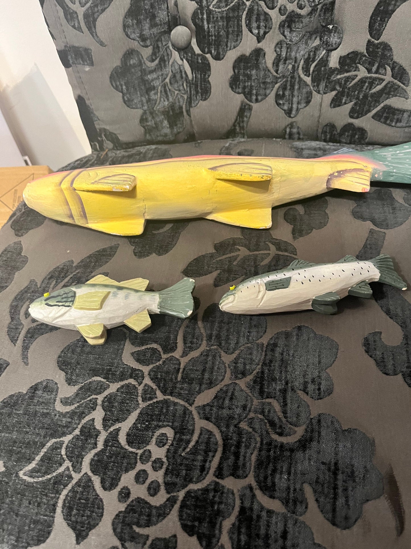 15 inch folk art wooden fish with two littles