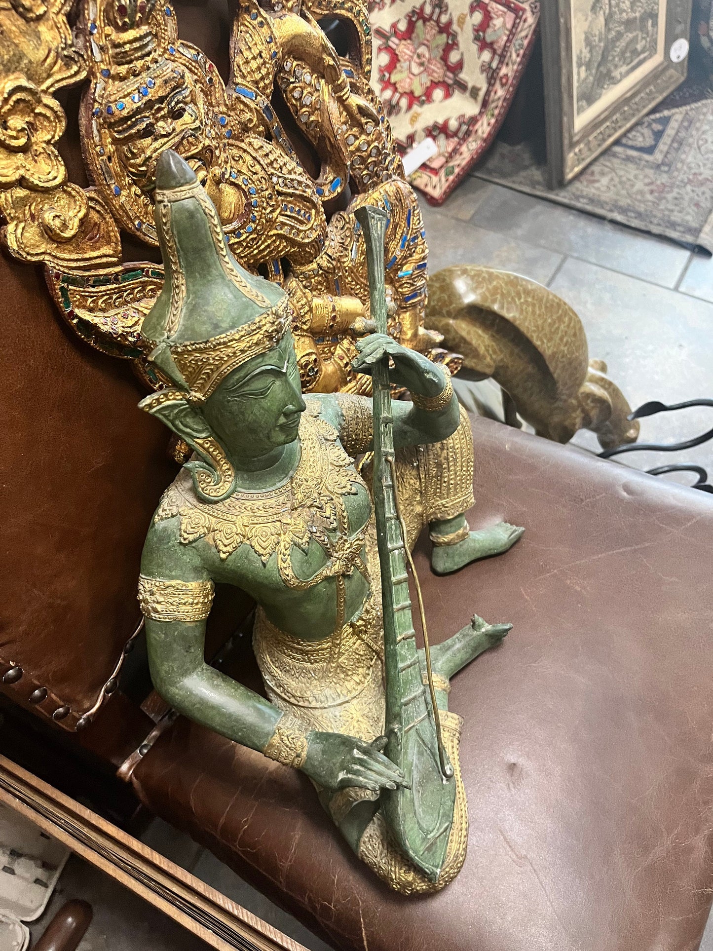 Huge 15 inch stunning antique Thai bronze gilded musician statue -  very very heavy  wonderful detail