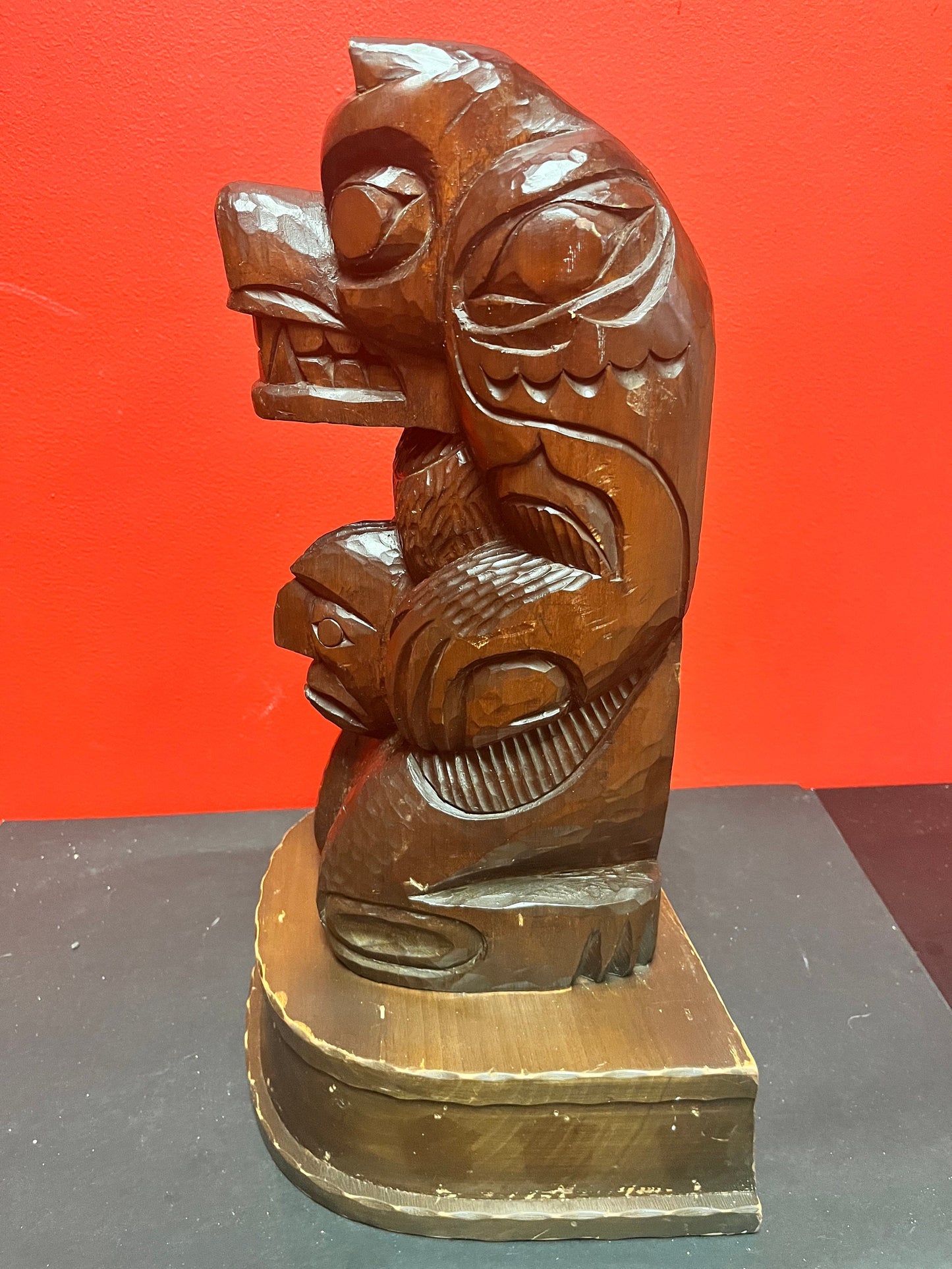 Fabulous 18 inch tall indigenous first nations pacific northwest coast cedar bear to human transformation totem on stand - Leslie john