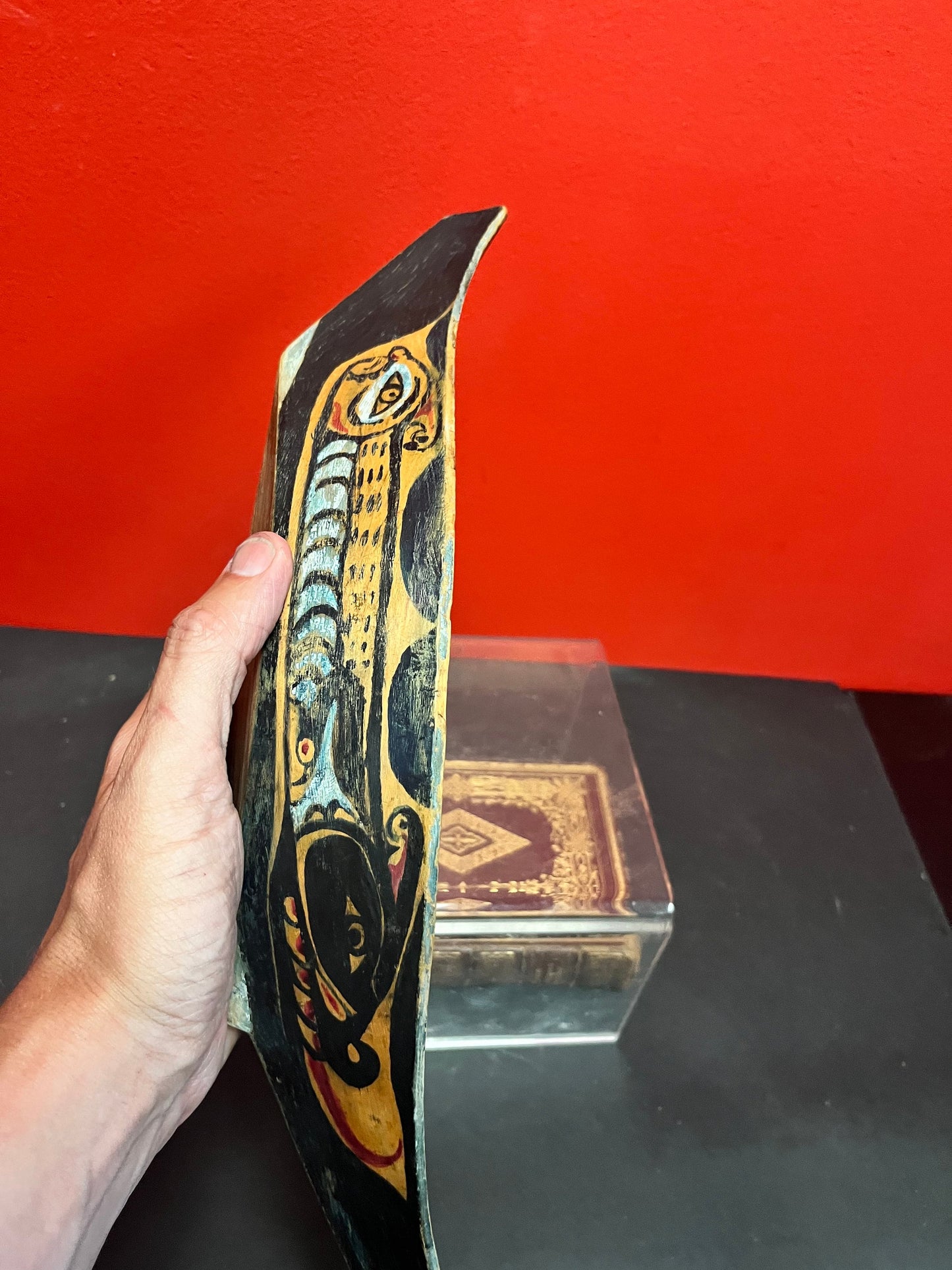 14 x 5 x 2 high, authentic museum quality 19 century ceremonial painted grease bowl  indigenous first nations pacific northwest coast