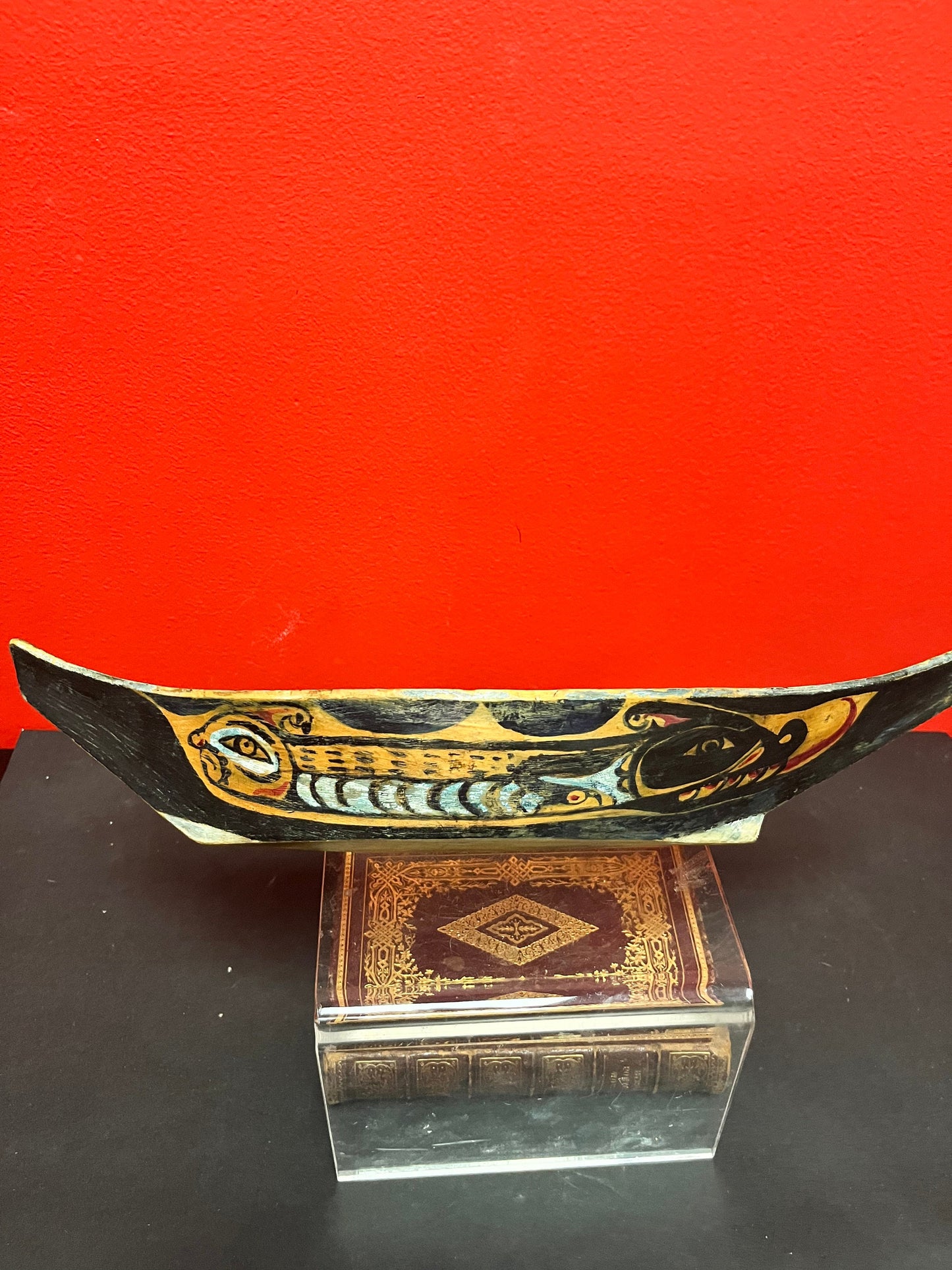 14 x 5 x 2 high, authentic museum quality 19 century ceremonial painted grease bowl  indigenous first nations pacific northwest coast