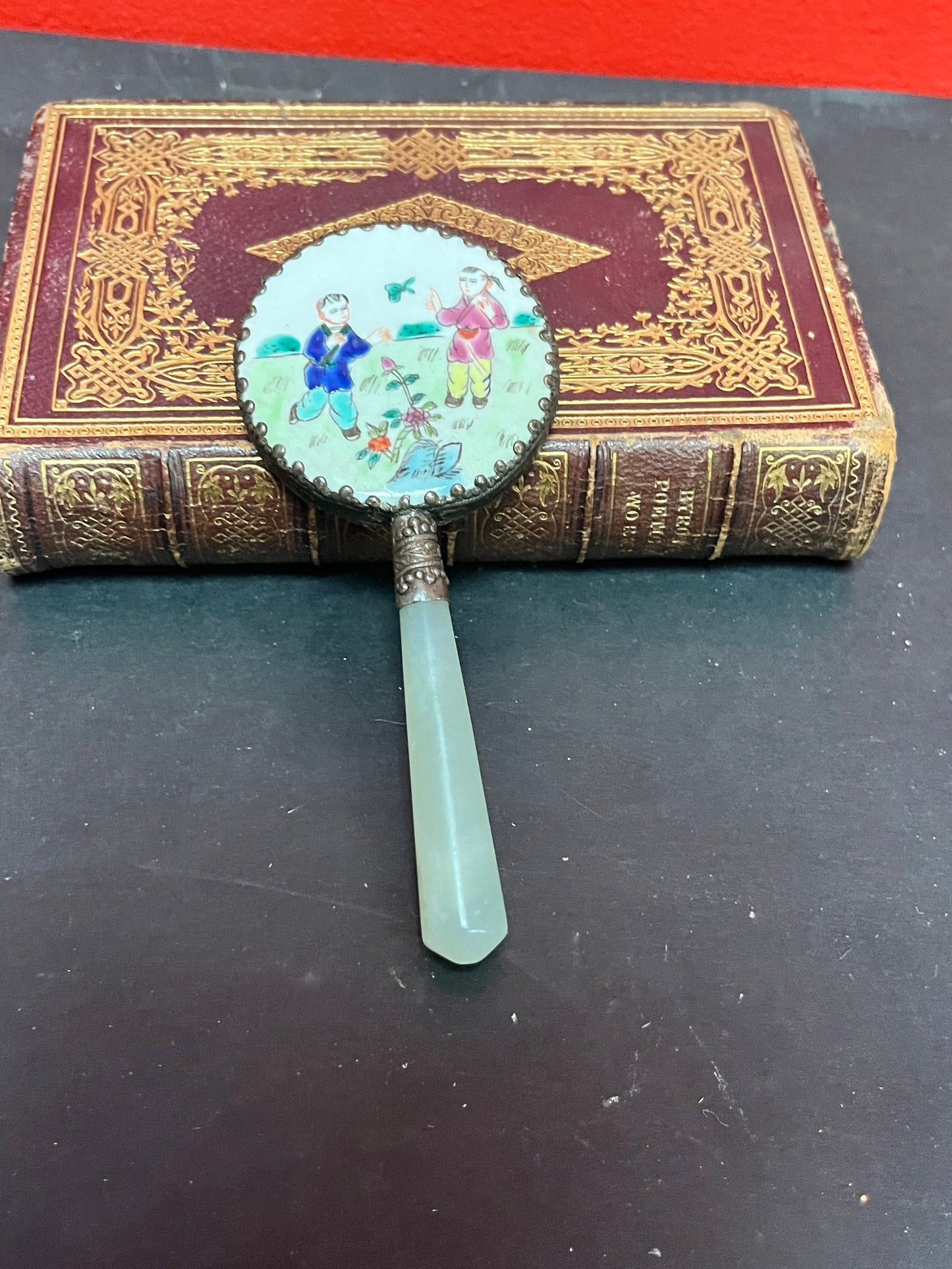 Stunning antique, 5 inch silver enamel and Jade hand mirror   lovely quality