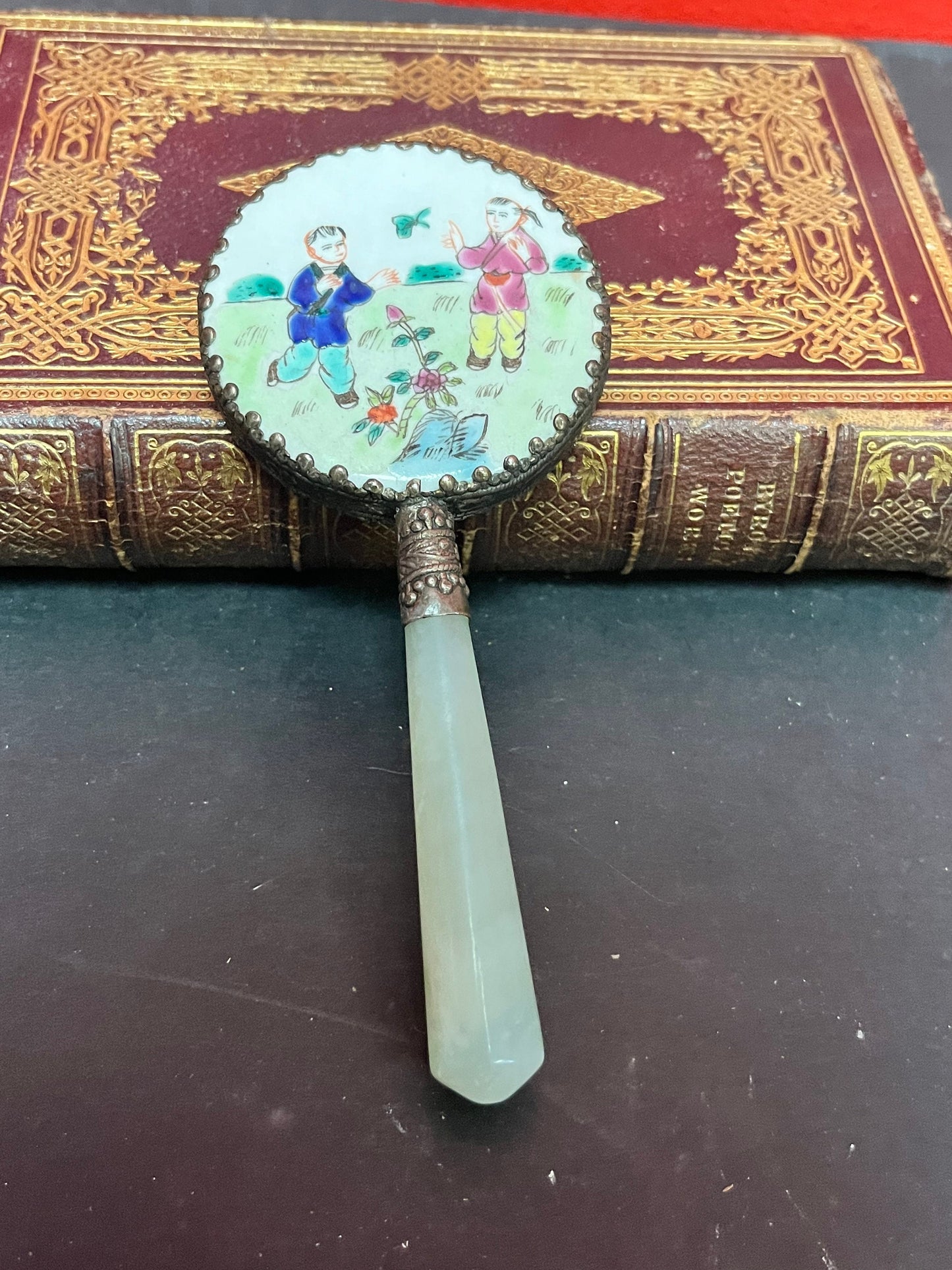 Stunning antique, 5 inch silver enamel and Jade hand mirror   lovely quality