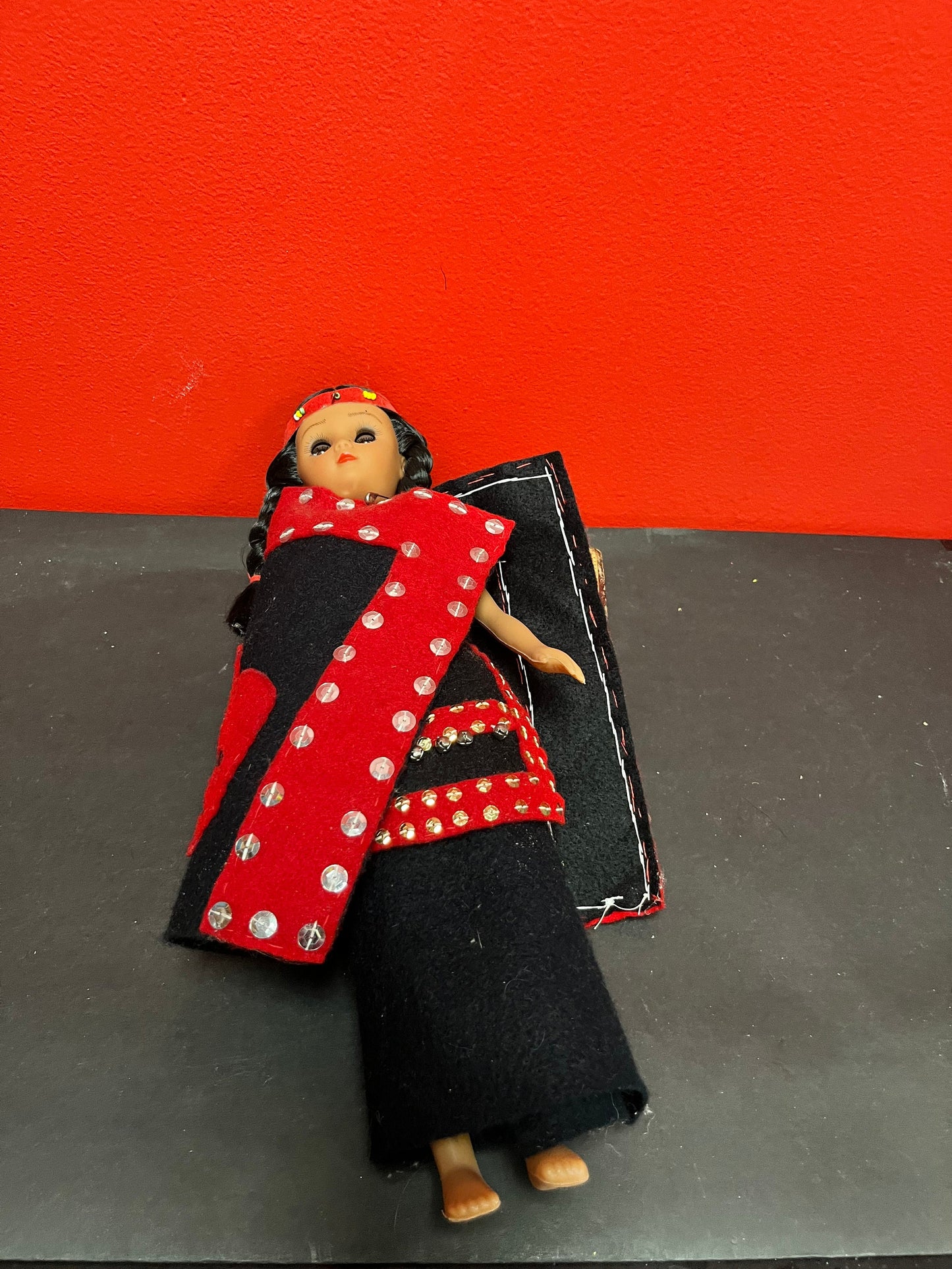 14 inch Haida fabric clothed doll Indigenous first nations historical doll. great condition, and great value