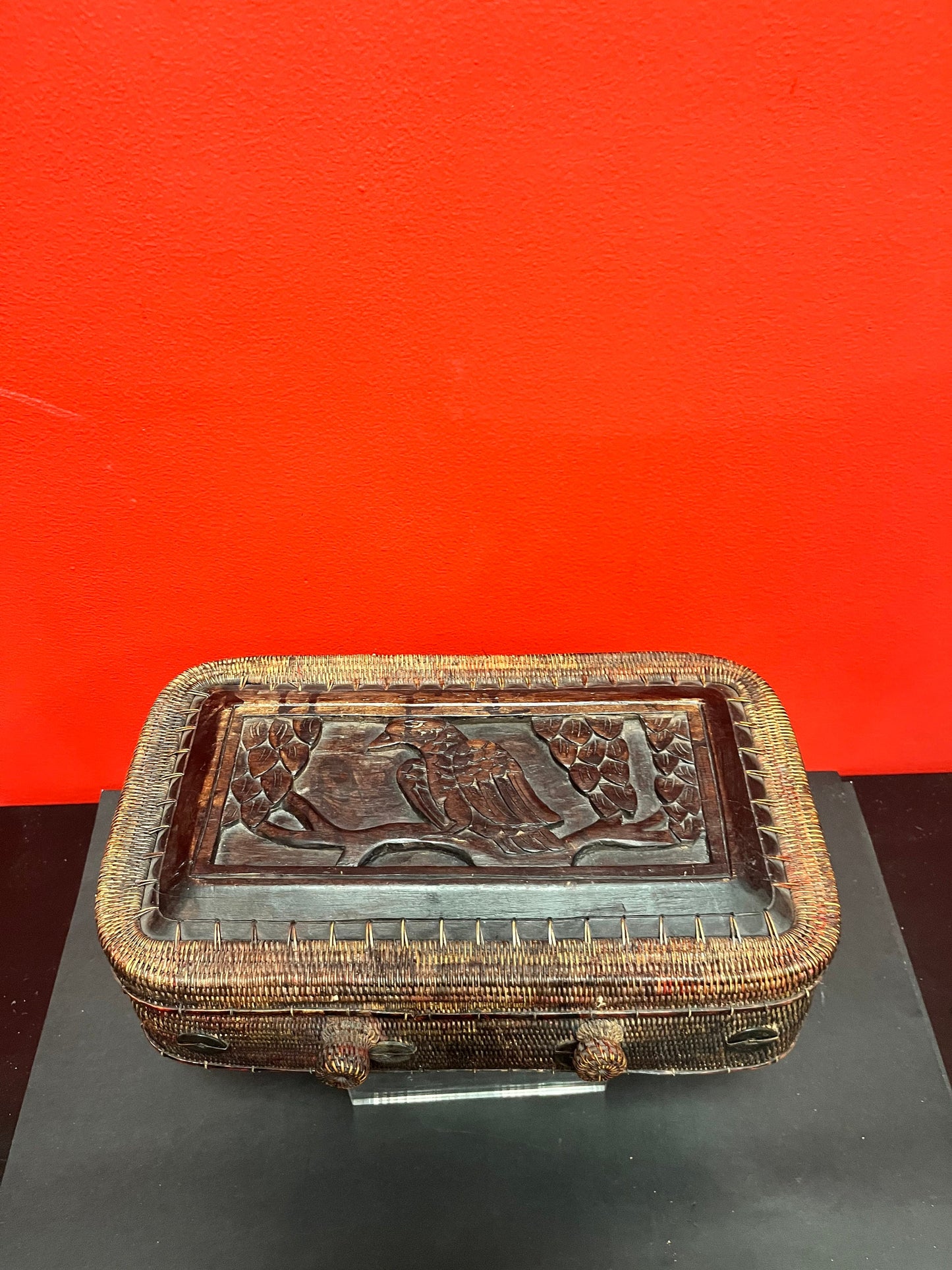 A Lovely wooden and wicker 13 x 8 high Chinese box very unique and amazing detail wow