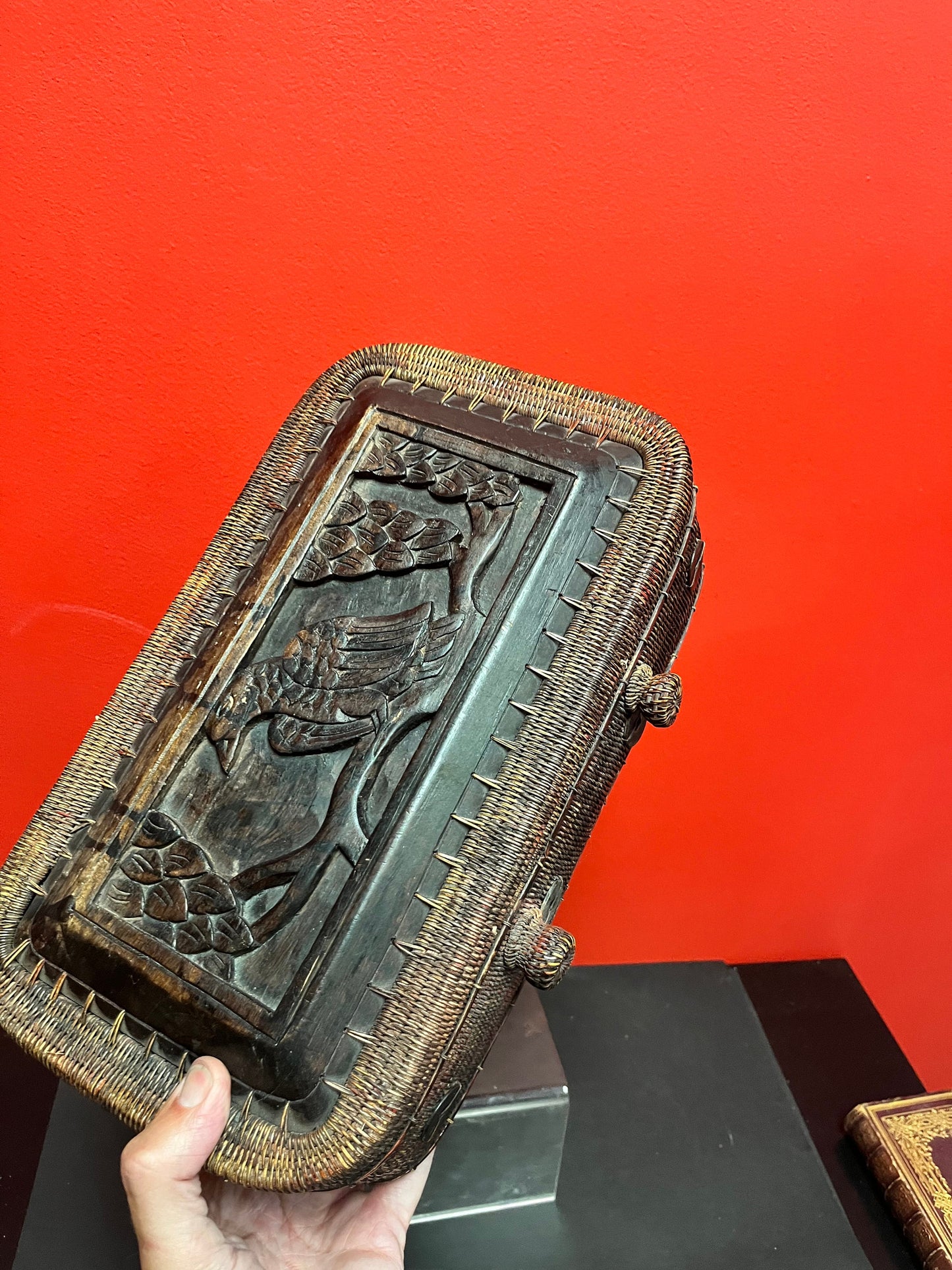 A Lovely wooden and wicker 13 x 8 high Chinese box very unique and amazing detail wow