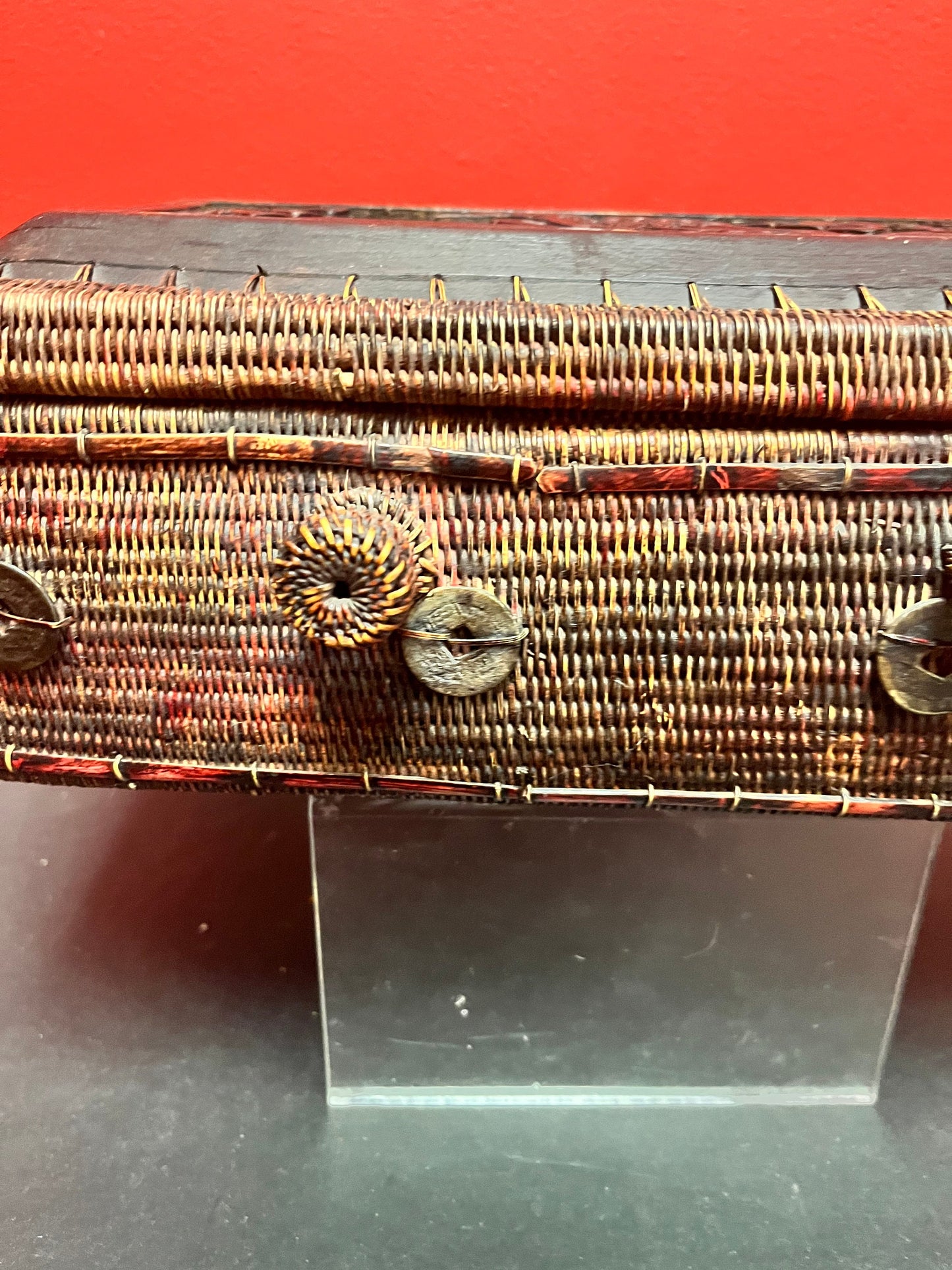 A Lovely wooden and wicker 13 x 8 high Chinese box very unique and amazing detail wow