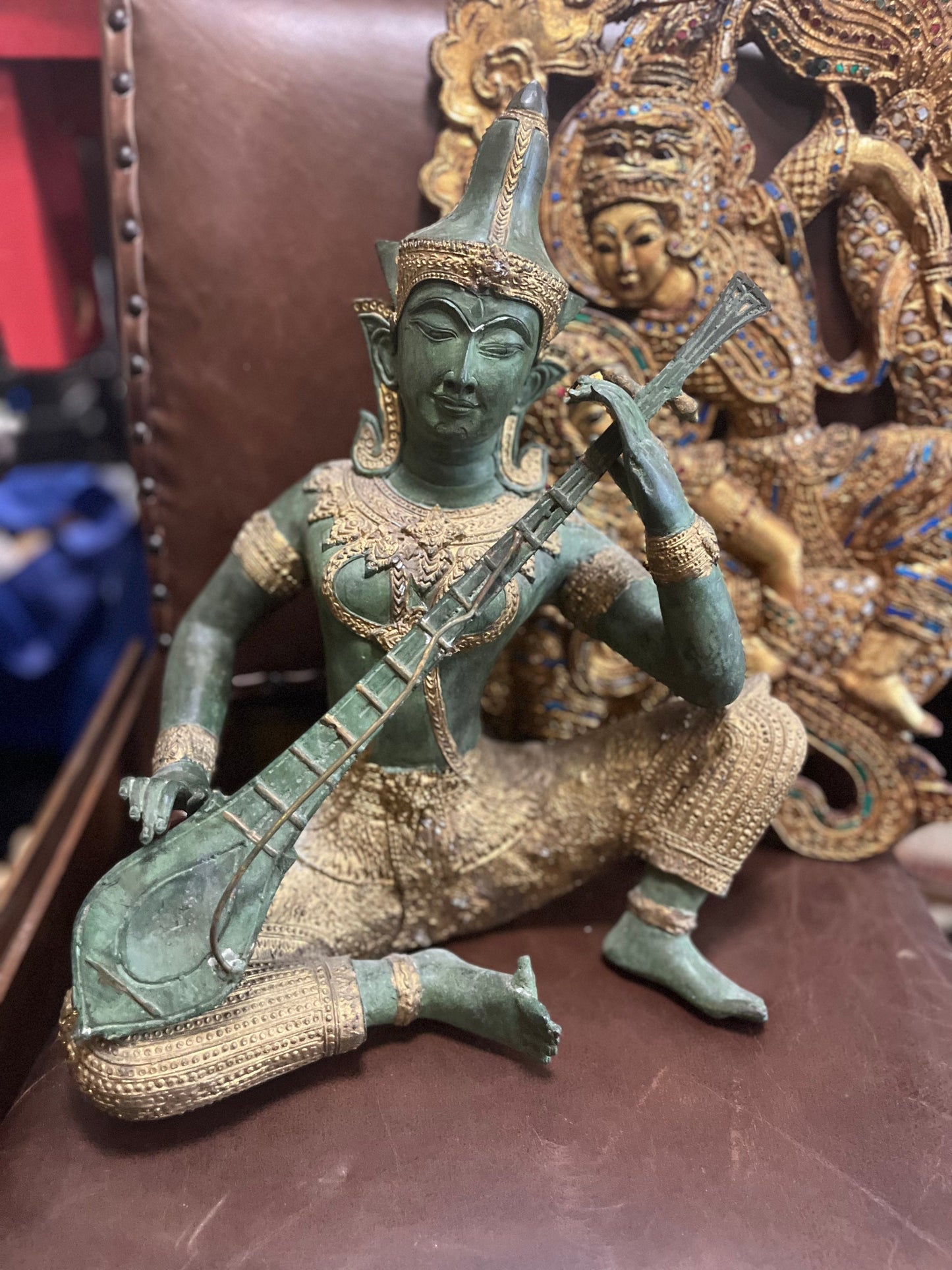 Huge 15 inch stunning antique Thai bronze gilded musician statue -  very very heavy  wonderful detail