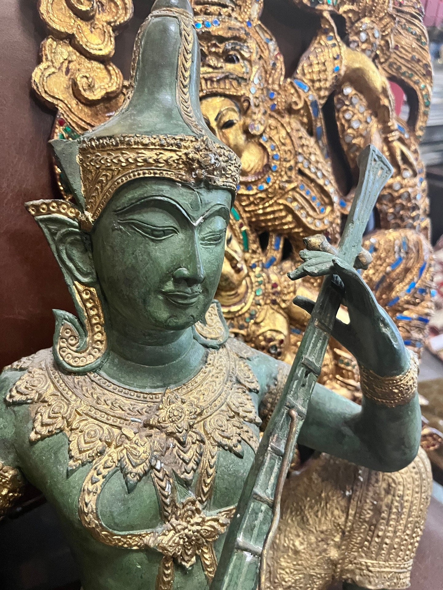 Huge 15 inch stunning antique Thai bronze gilded musician statue -  very very heavy  wonderful detail