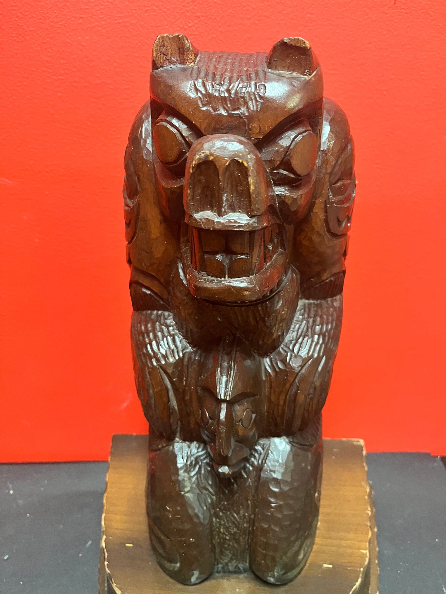 Fabulous 18 inch tall indigenous first nations pacific northwest coast cedar bear to human transformation totem on stand - Leslie john