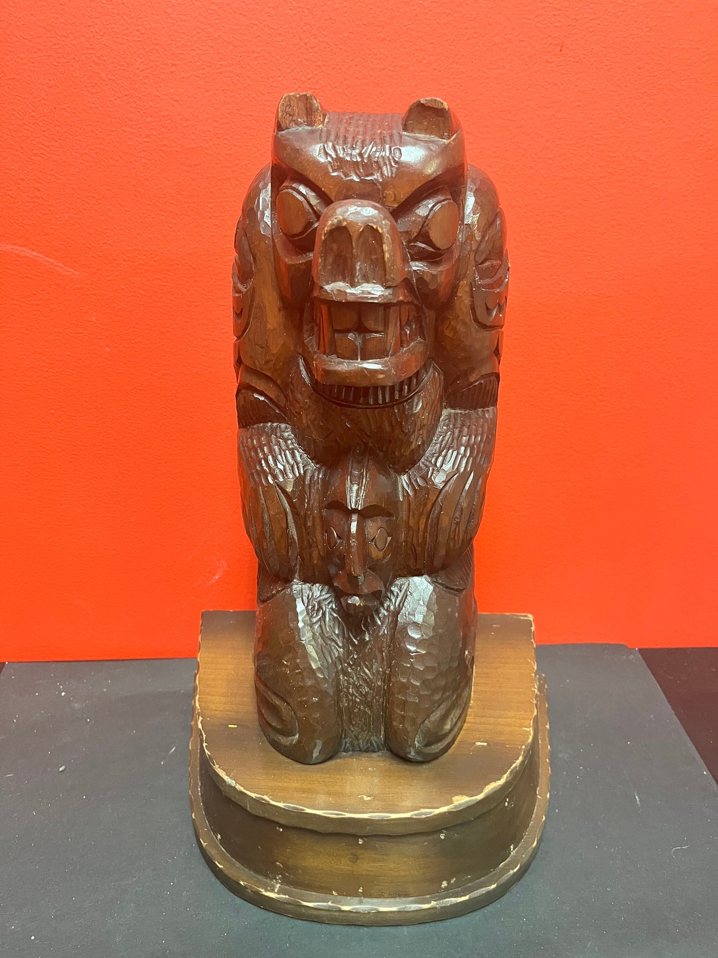 Fabulous 18 inch tall indigenous first nations pacific northwest coast cedar bear to human transformation totem on stand - Leslie john