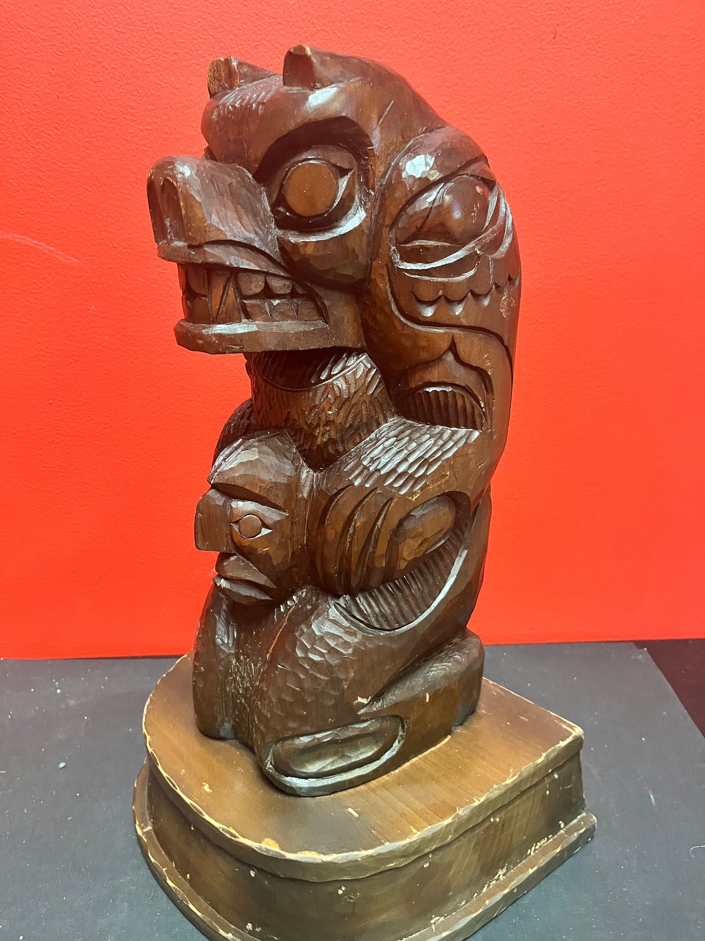 Fabulous 18 inch tall indigenous first nations pacific northwest coast cedar bear to human transformation totem on stand - Leslie john