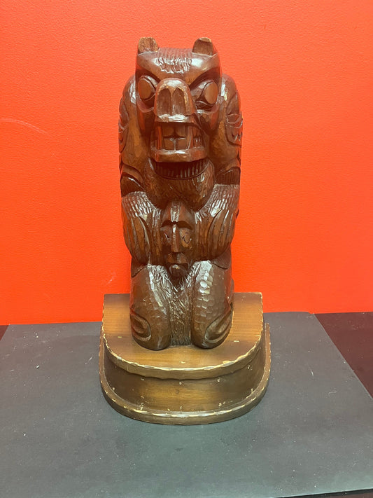 Fabulous 18 inch tall indigenous first nations pacific northwest coast cedar bear to human transformation totem on stand - Leslie john