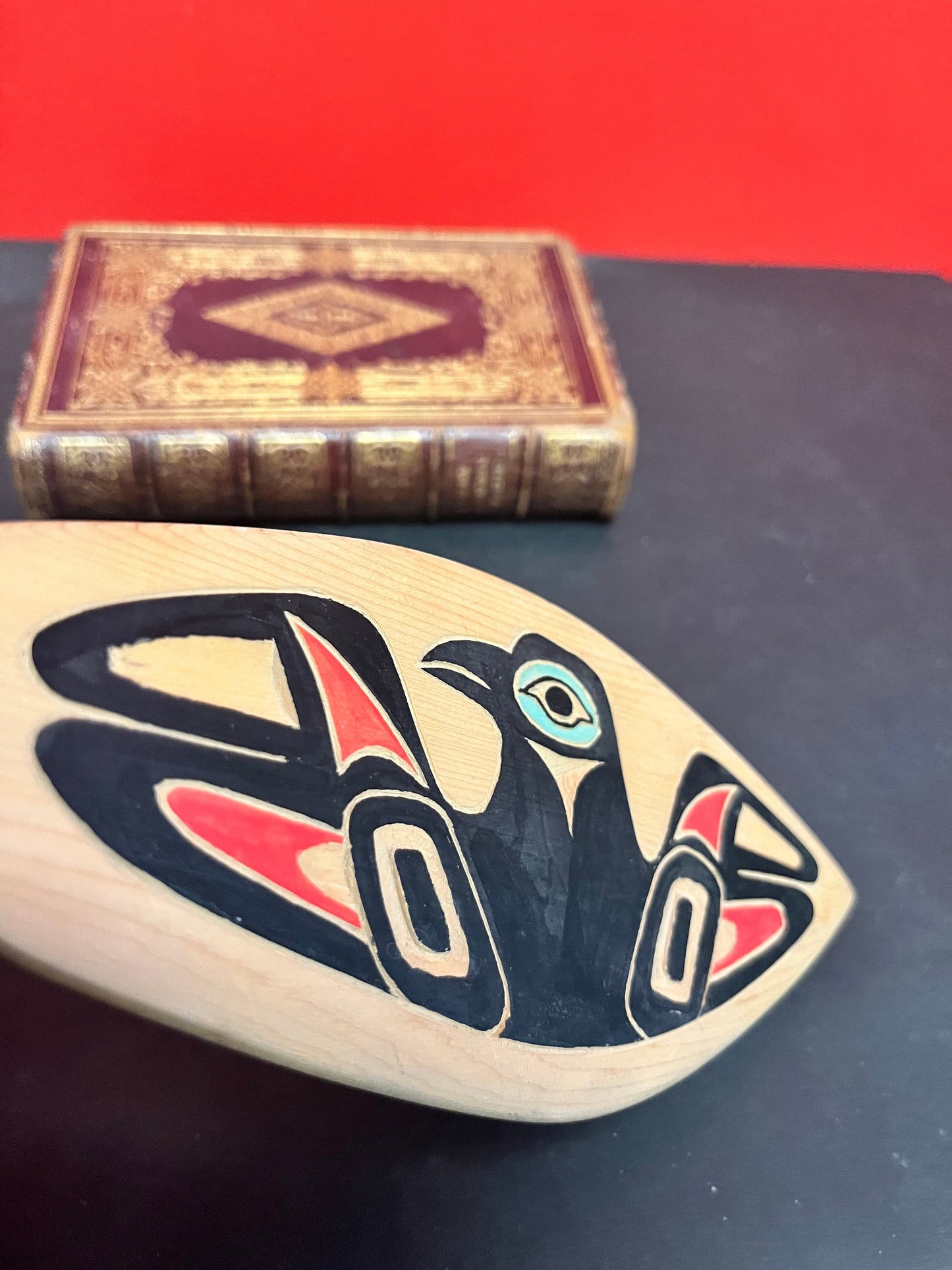 Unsigned 12 inch carved and painted cedar paddle - indigenous first nations pacific northwest coast