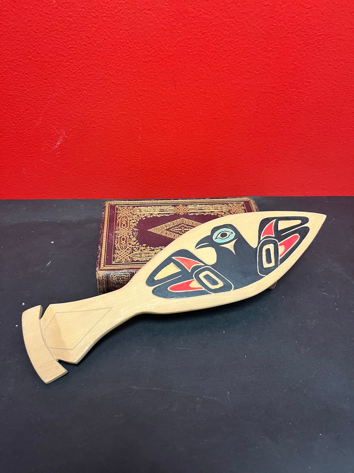 Unsigned 12 inch carved and painted cedar paddle - indigenous first nations pacific northwest coast