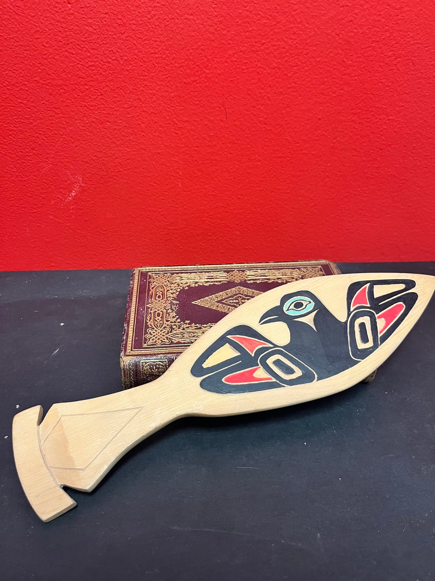 Unsigned 12 inch carved and painted cedar paddle - indigenous first nations pacific northwest coast