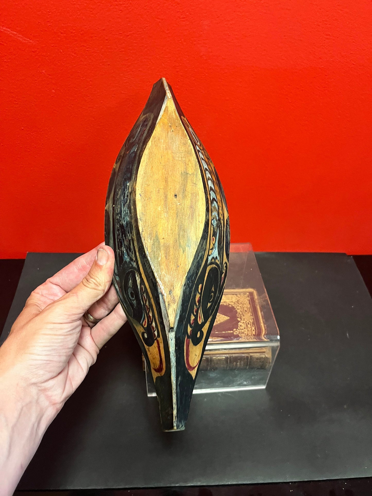 14 x 5 x 2 high, authentic museum quality 19 century ceremonial painted grease bowl  indigenous first nations pacific northwest coast