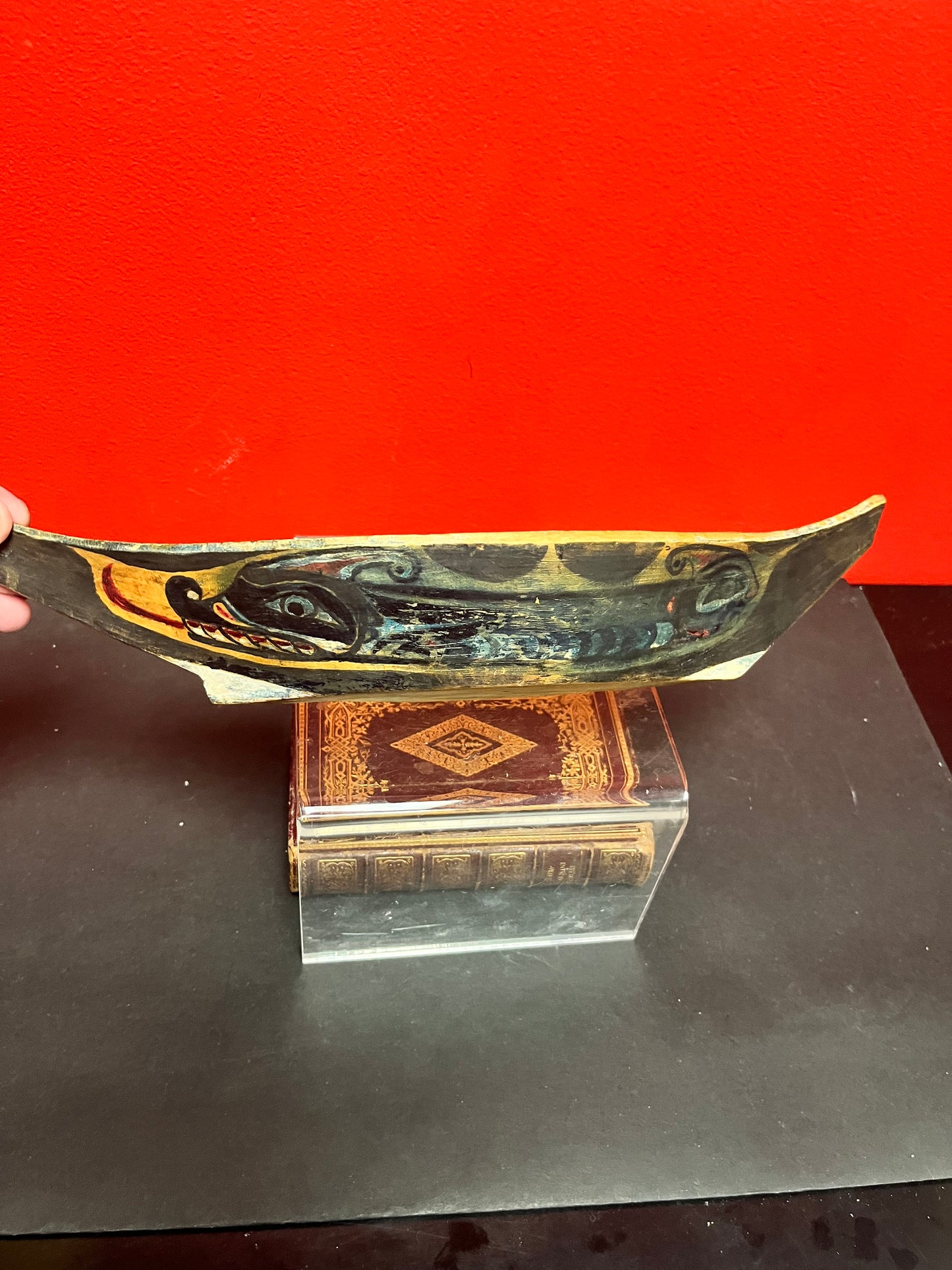 14 x 5 x 2 high, authentic museum quality 19 century ceremonial painted grease bowl  indigenous first nations pacific northwest coast