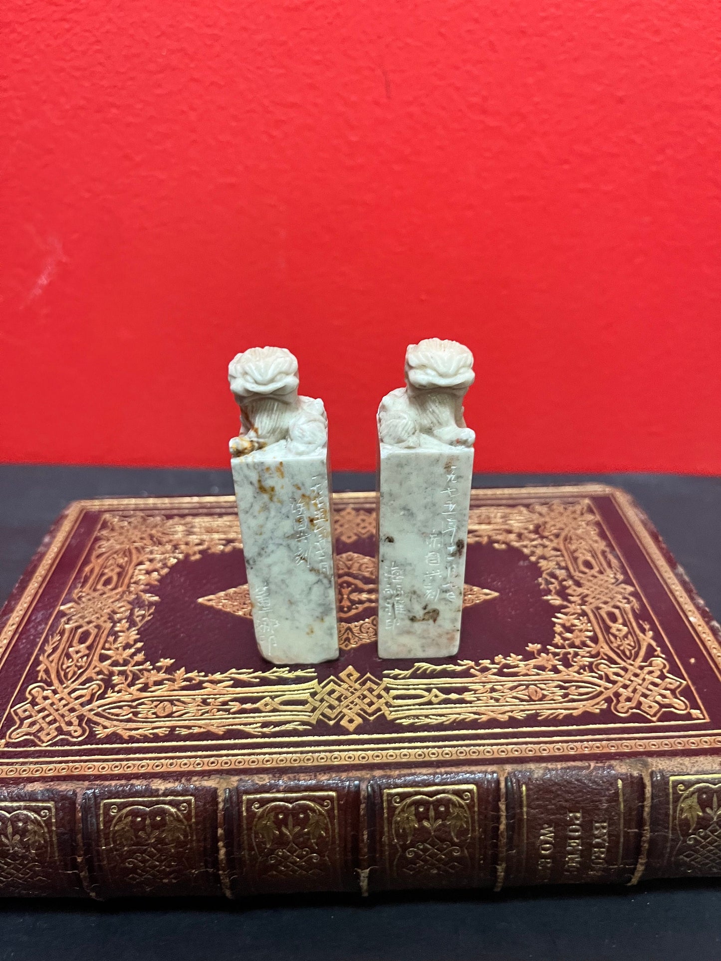 A  3 inch  chinese fabulous extensively signed soapstone dogs of foo stamps  well detailed