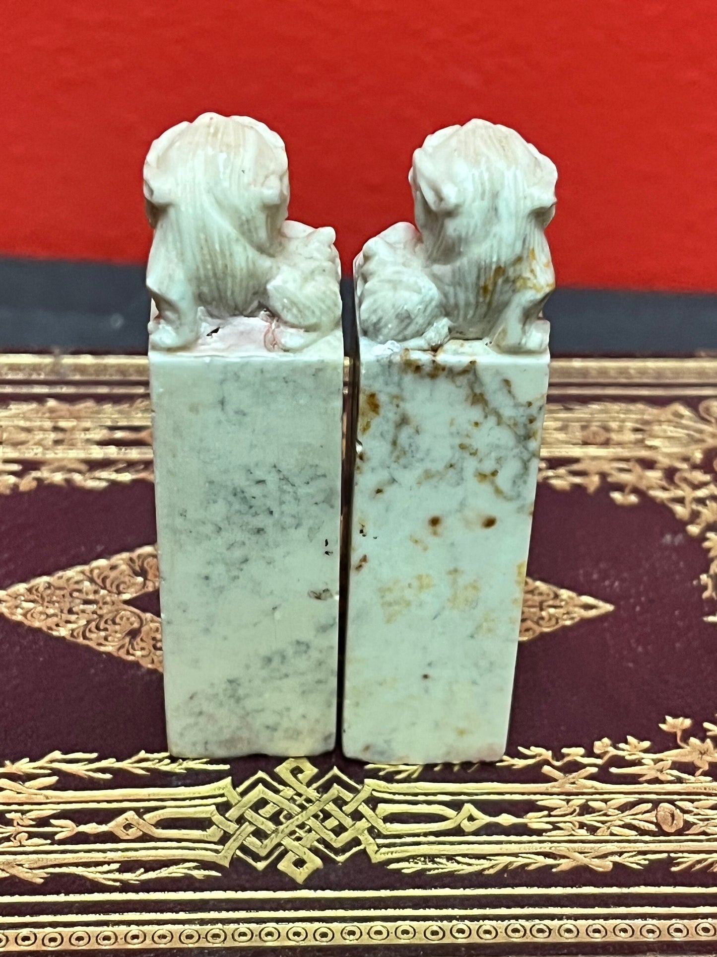 A  3 inch  chinese fabulous extensively signed soapstone dogs of foo stamps  well detailed