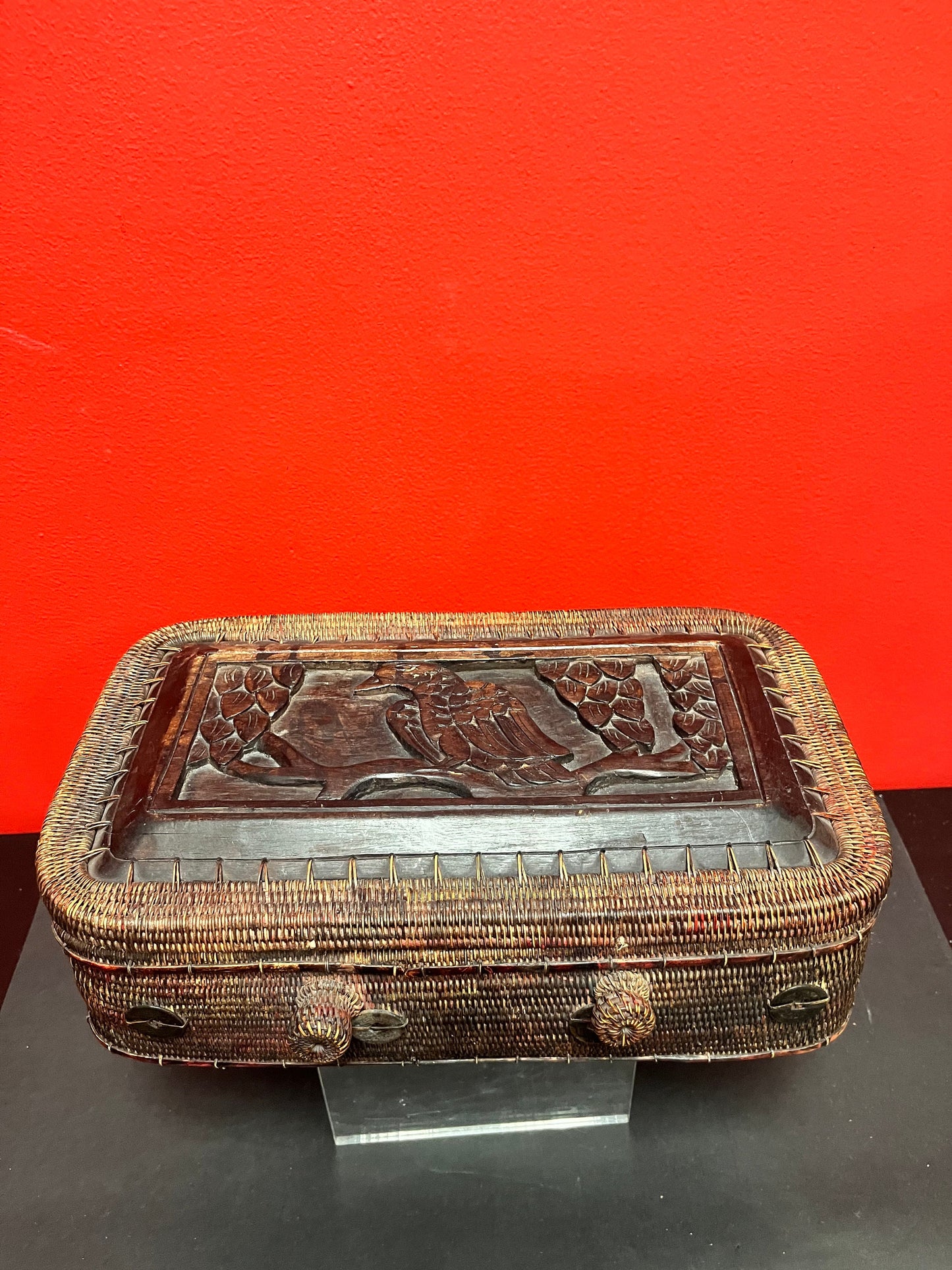 A Lovely wooden and wicker 13 x 8 high Chinese box very unique and amazing detail wow