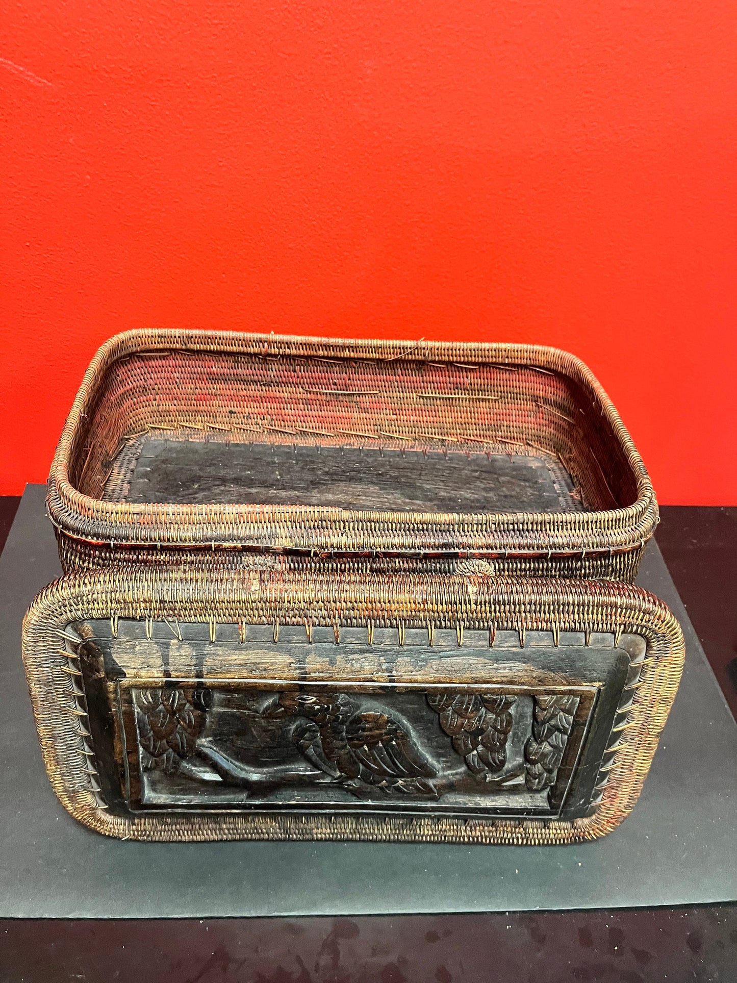 A Lovely wooden and wicker 13 x 8 high Chinese box very unique and amazing detail wow