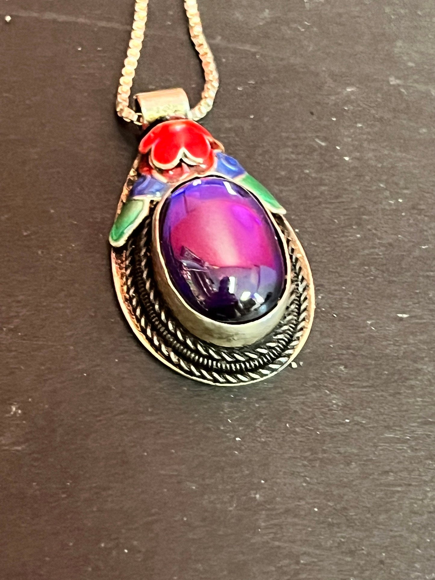 Beautiful, small Chinese sign d sterling and enamel pendant with amethyst comes with silver chain