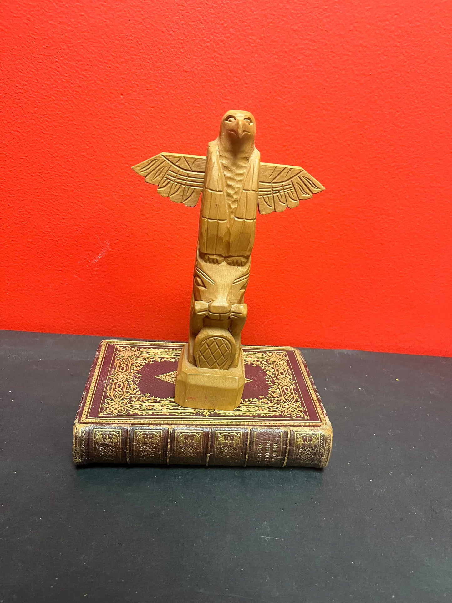 A Lovely older 8 inch indigenous first nations pacific northwest coast cedar eagle to bear transformation totem pole great detail