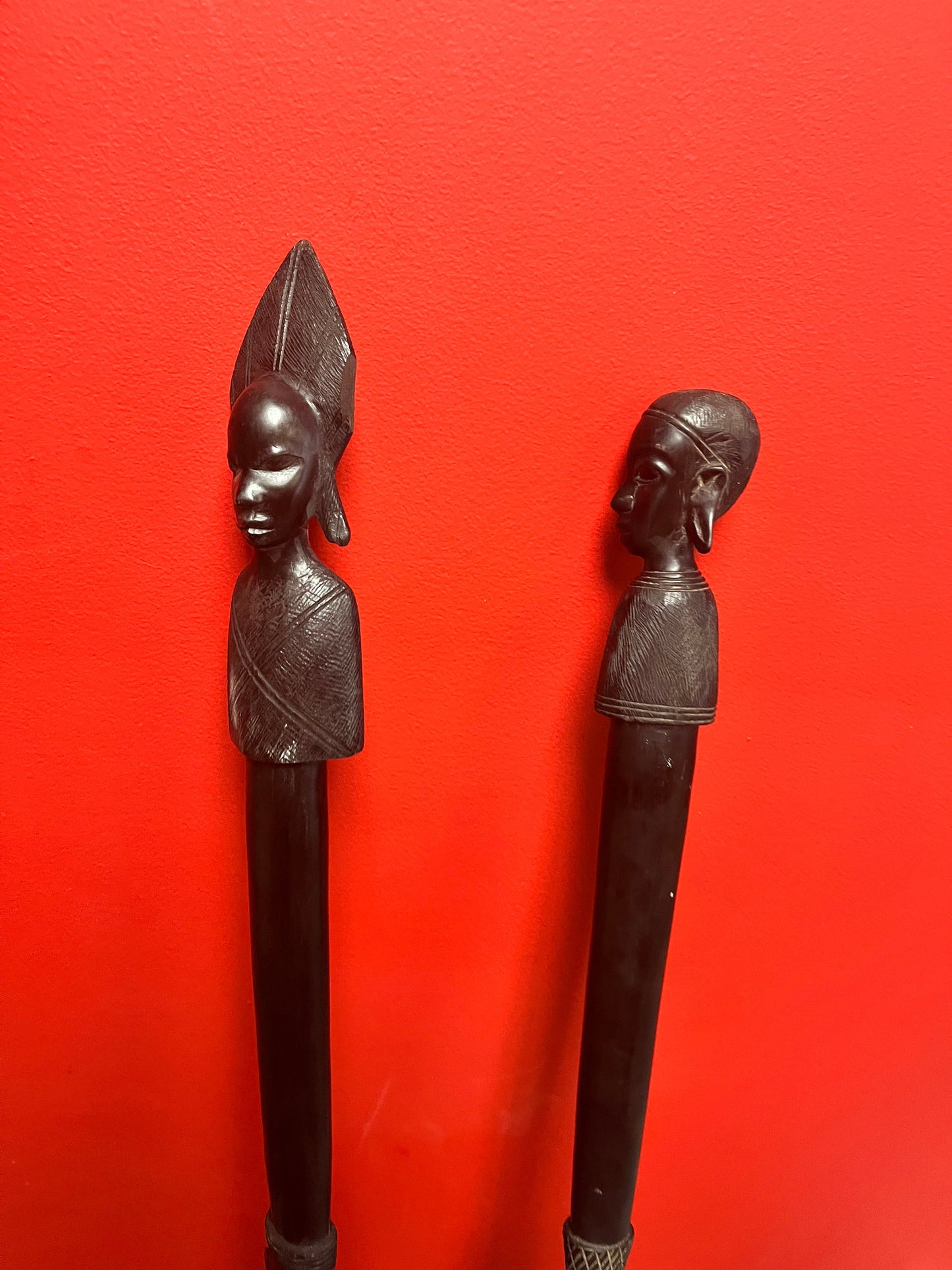 Pair Stunning 34 inch 1960s museum quality Ebony wooden power dance spears Tanzanian beauties