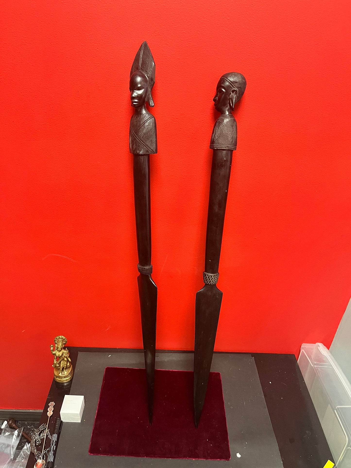 Pair Stunning 34 inch 1960s museum quality Ebony wooden power dance spears Tanzanian beauties