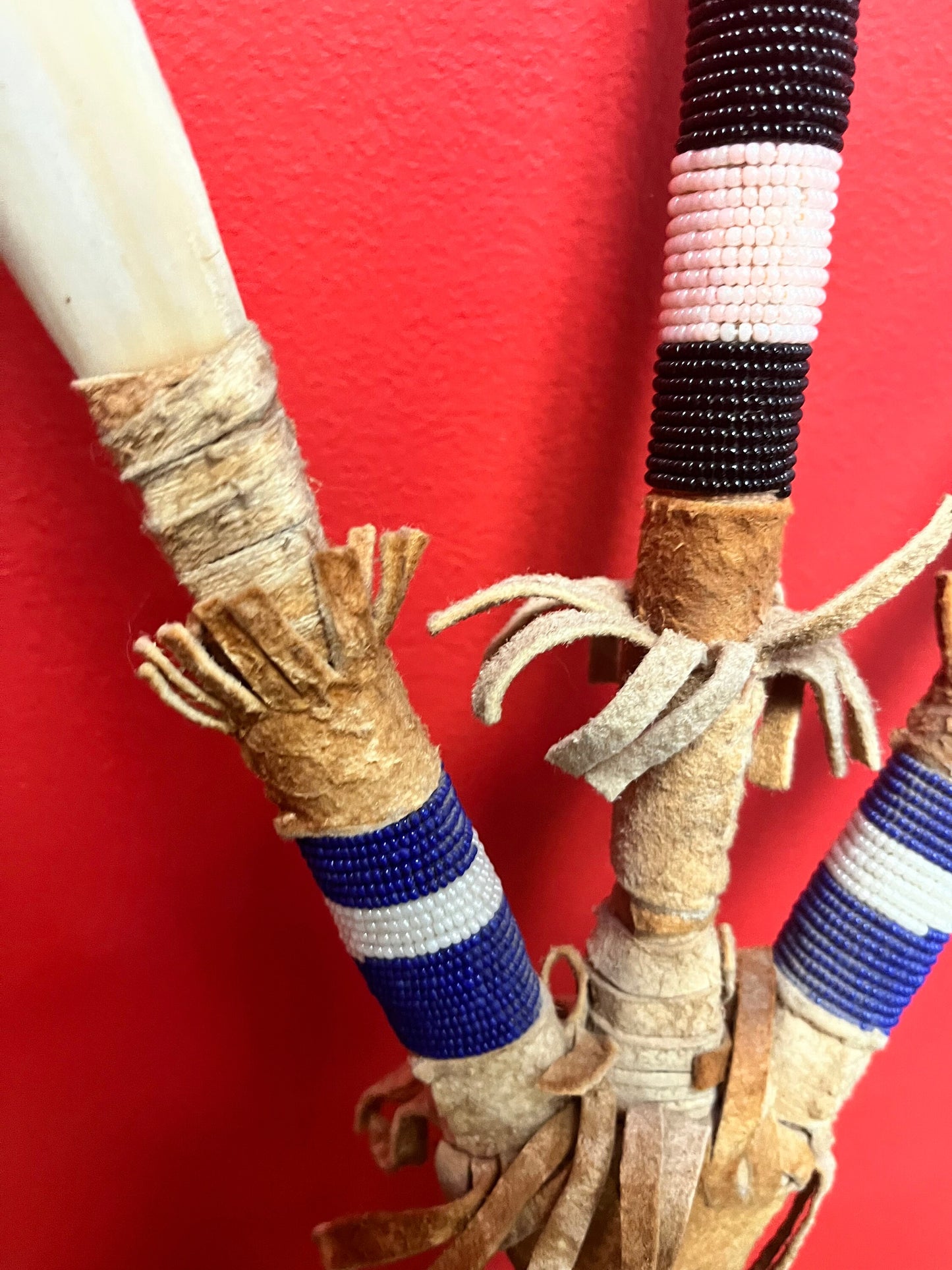 Stunning indigenous First Nations 36 inch long leather and bone and beaded weapon seems ceremonial perfect condition -