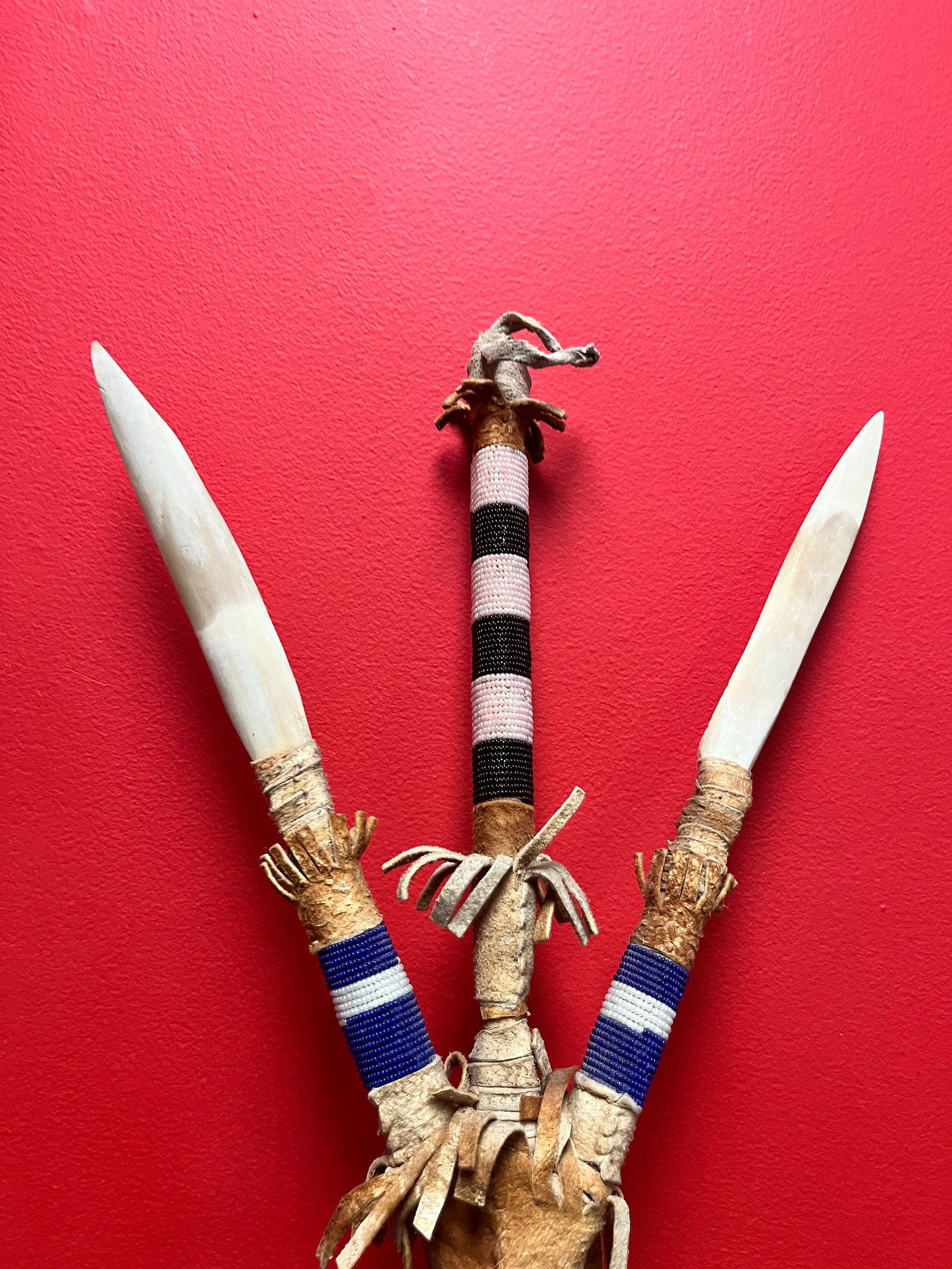 Stunning indigenous First Nations 36 inch long leather and bone and beaded weapon seems ceremonial perfect condition -