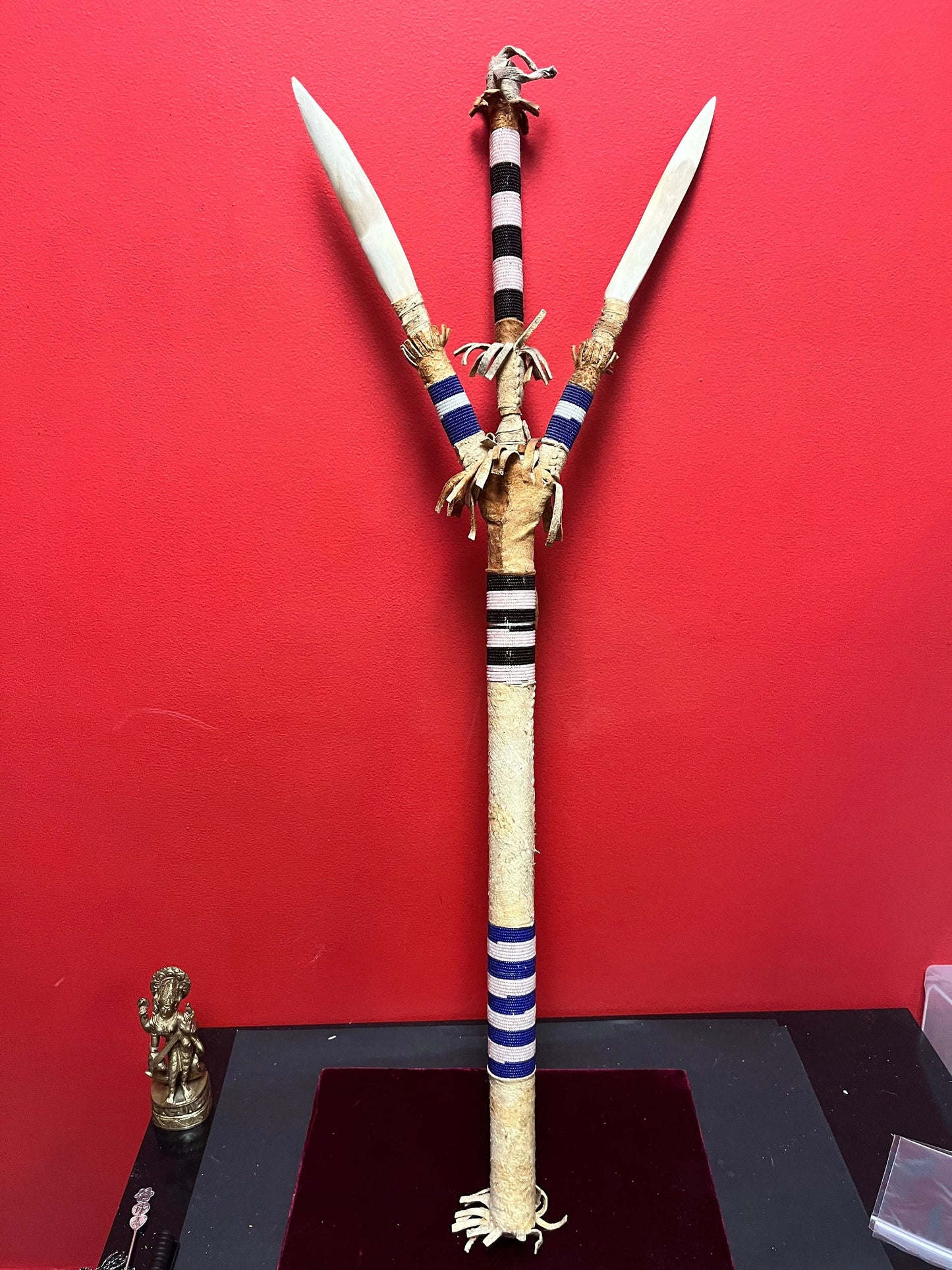 Stunning indigenous First Nations 36 inch long leather and bone and beaded weapon seems ceremonial perfect condition -